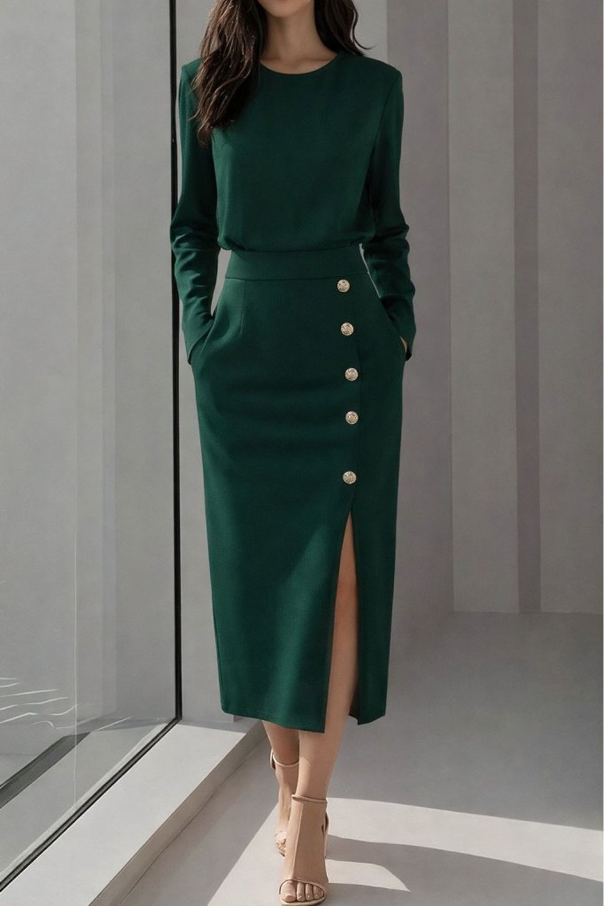 Kadın Uzun Kollu Bisiklet Yakalı Yandan Yırtmaçlı Düğmeli Midi Ithal Krep Elbise