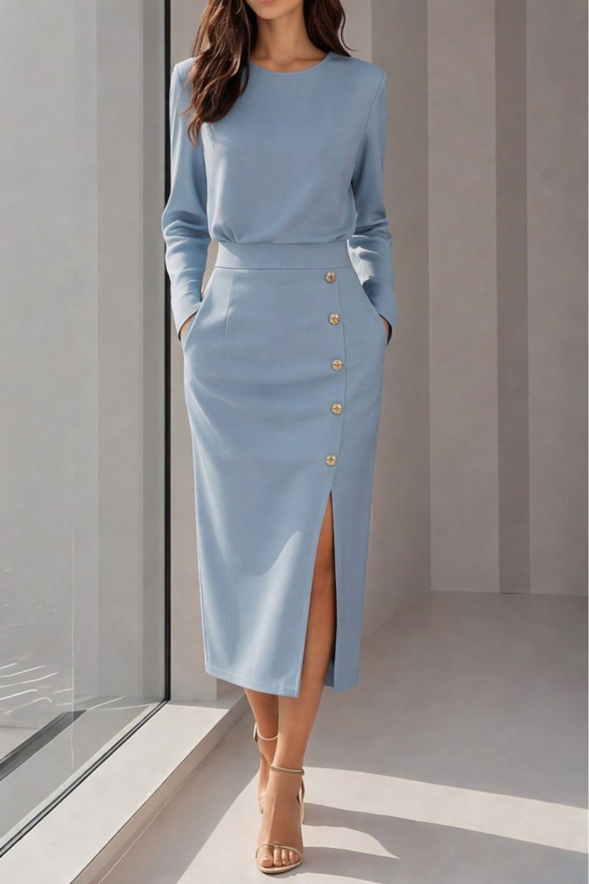 Kadın Uzun Kollu Bisiklet Yakalı Yandan Yırtmaçlı Düğmeli Midi Ithal Krep Elbise