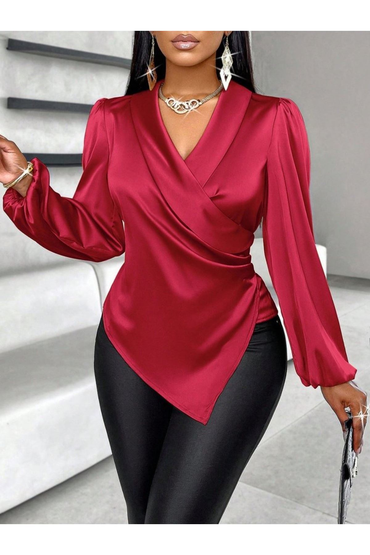 Kadın Uzun Kollu Kruvaze Yakalı Asimetrik Saten Bluz