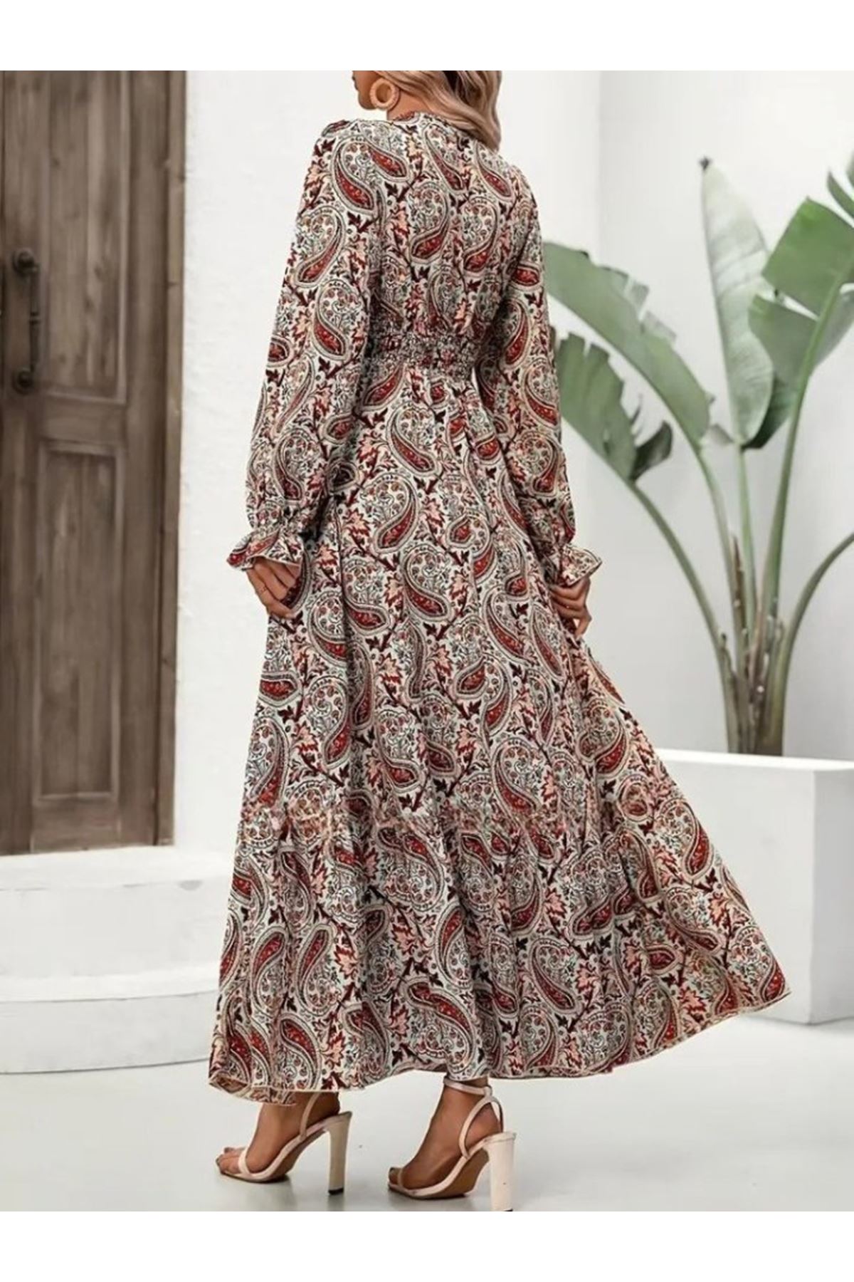 Kadın Uzun Kollu V Yakalı Beli Lastikli Desenli Süprem Elbise