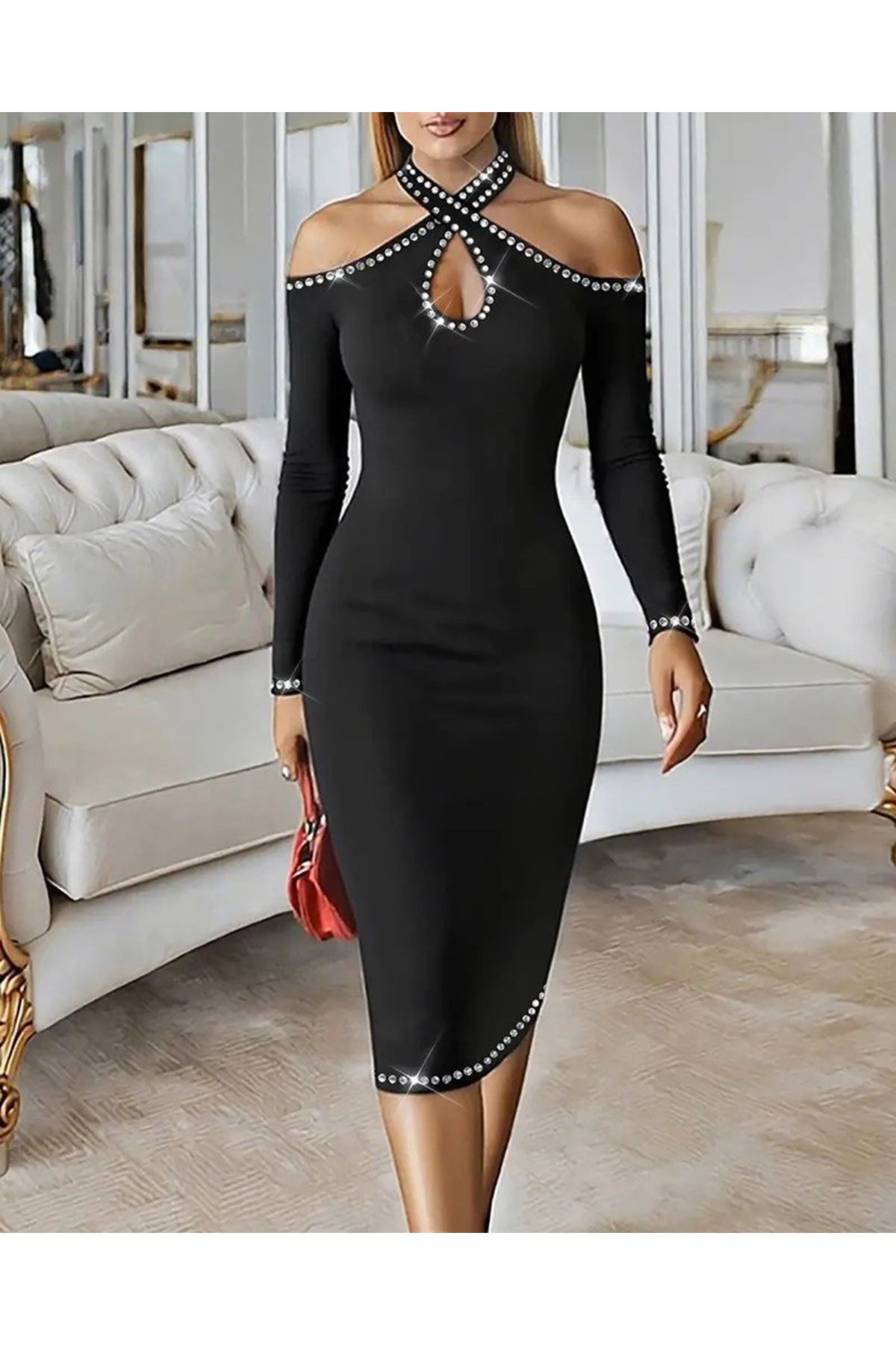 Kadın Omuzlardan Açık Boyundan Geçmeli Damla Detaylı Taşlı Midi Dalgıç Elbise