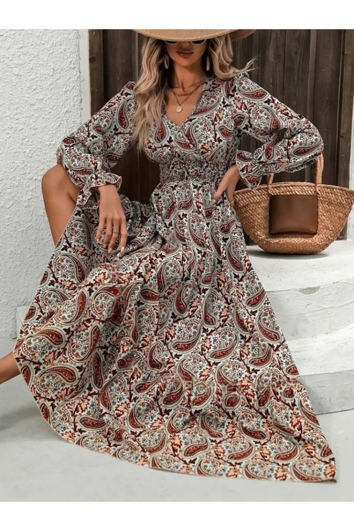 Kadın Uzun Kollu V Yakalı Beli Lastikli Desenli Süprem Elbise