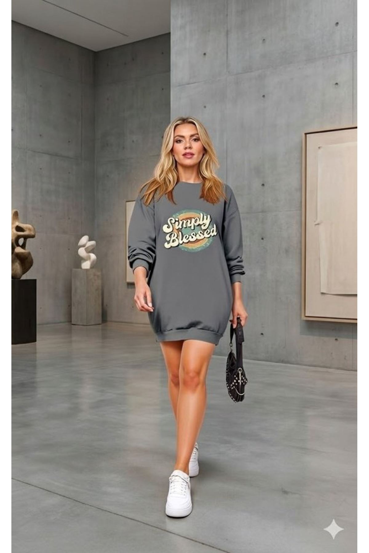 Kadın Uzun Kollu Bisiklet Yaka Yazılı Viskon Iki Iplik Elbise