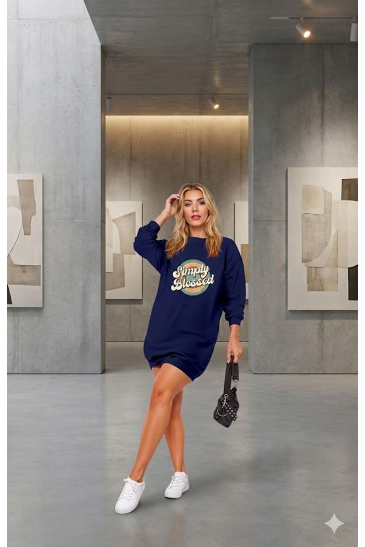 Kadın Uzun Kollu Bisiklet Yaka Yazılı Viskon Iki Iplik Elbise