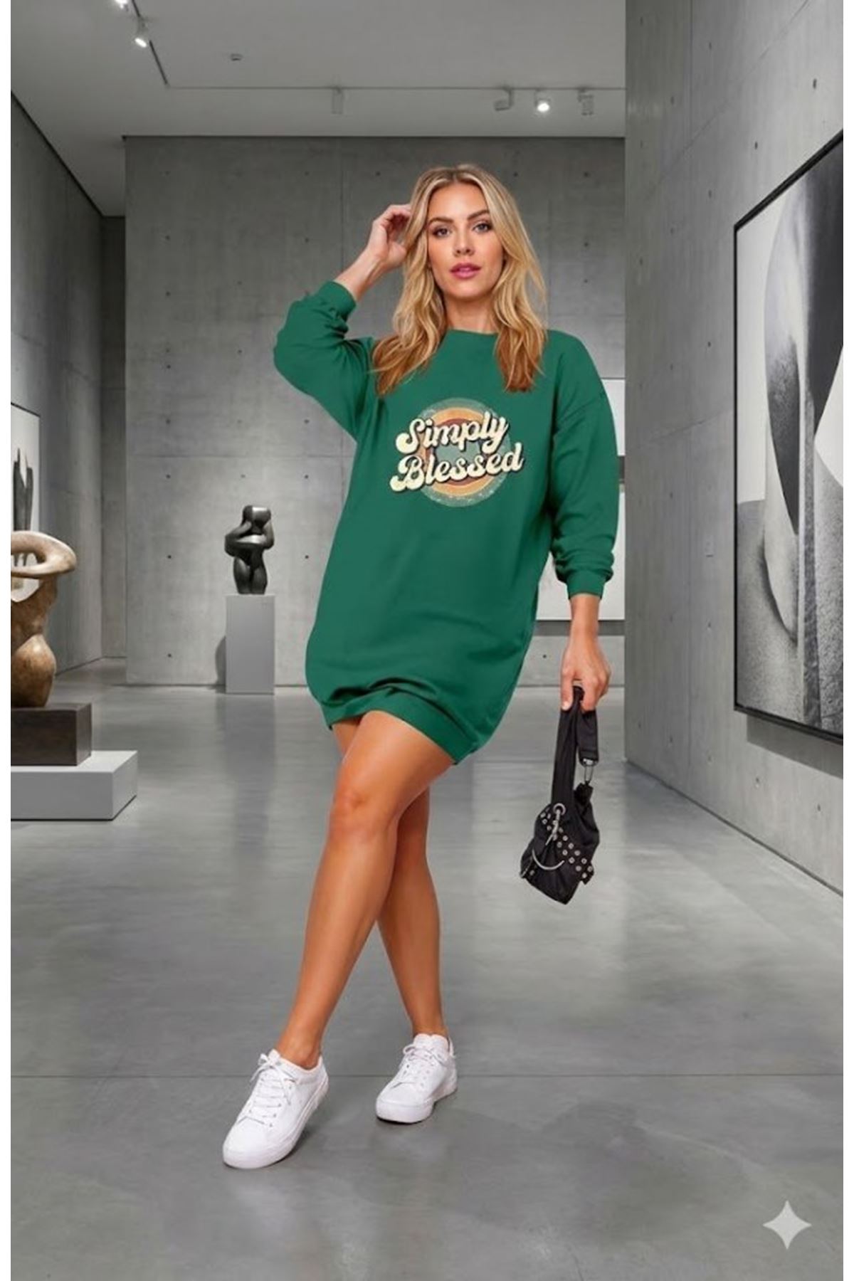 Kadın Uzun Kollu Bisiklet Yaka Yazılı Viskon Iki Iplik Elbise