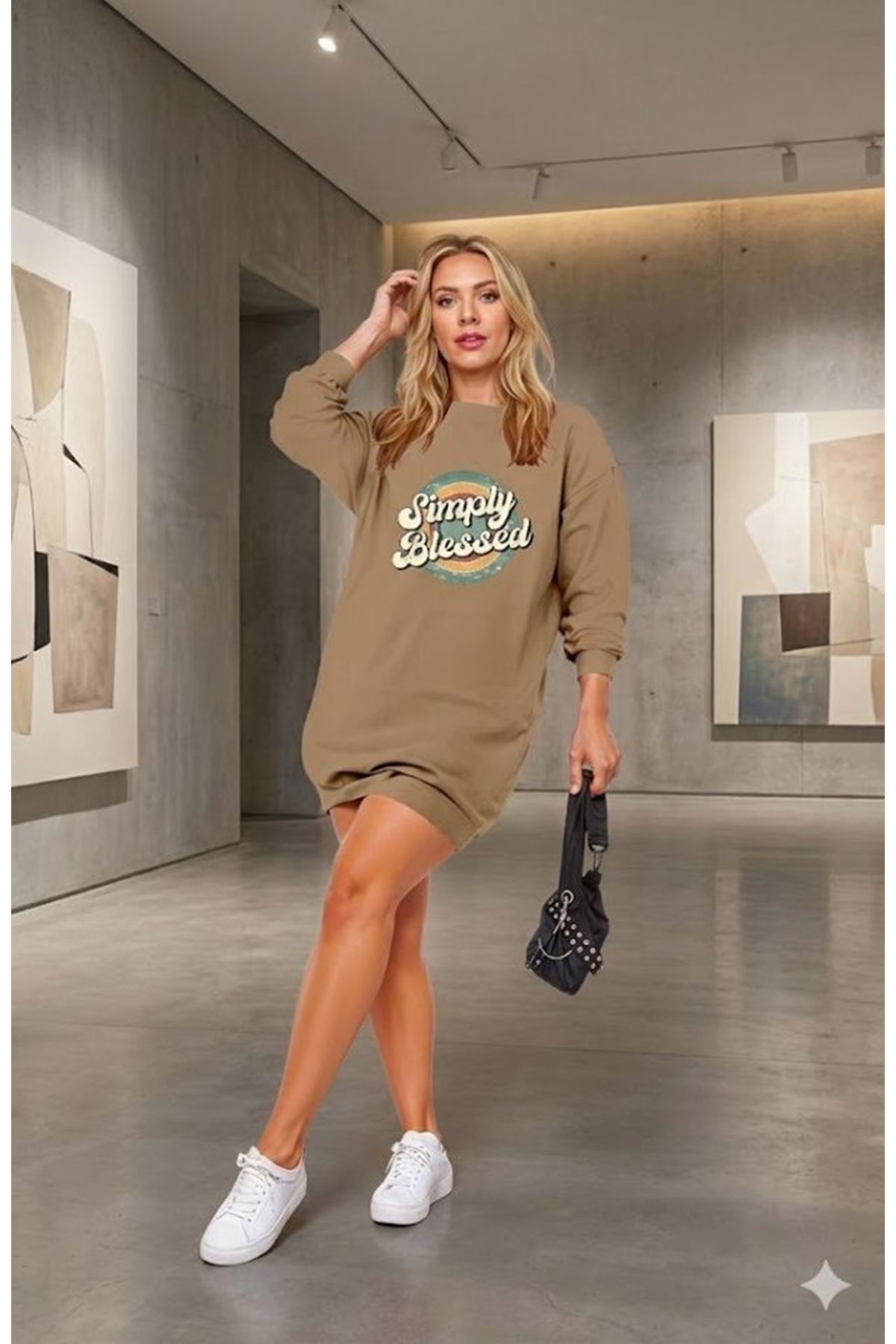 Kadın Uzun Kollu Bisiklet Yaka Yazılı Viskon Iki Iplik Elbise