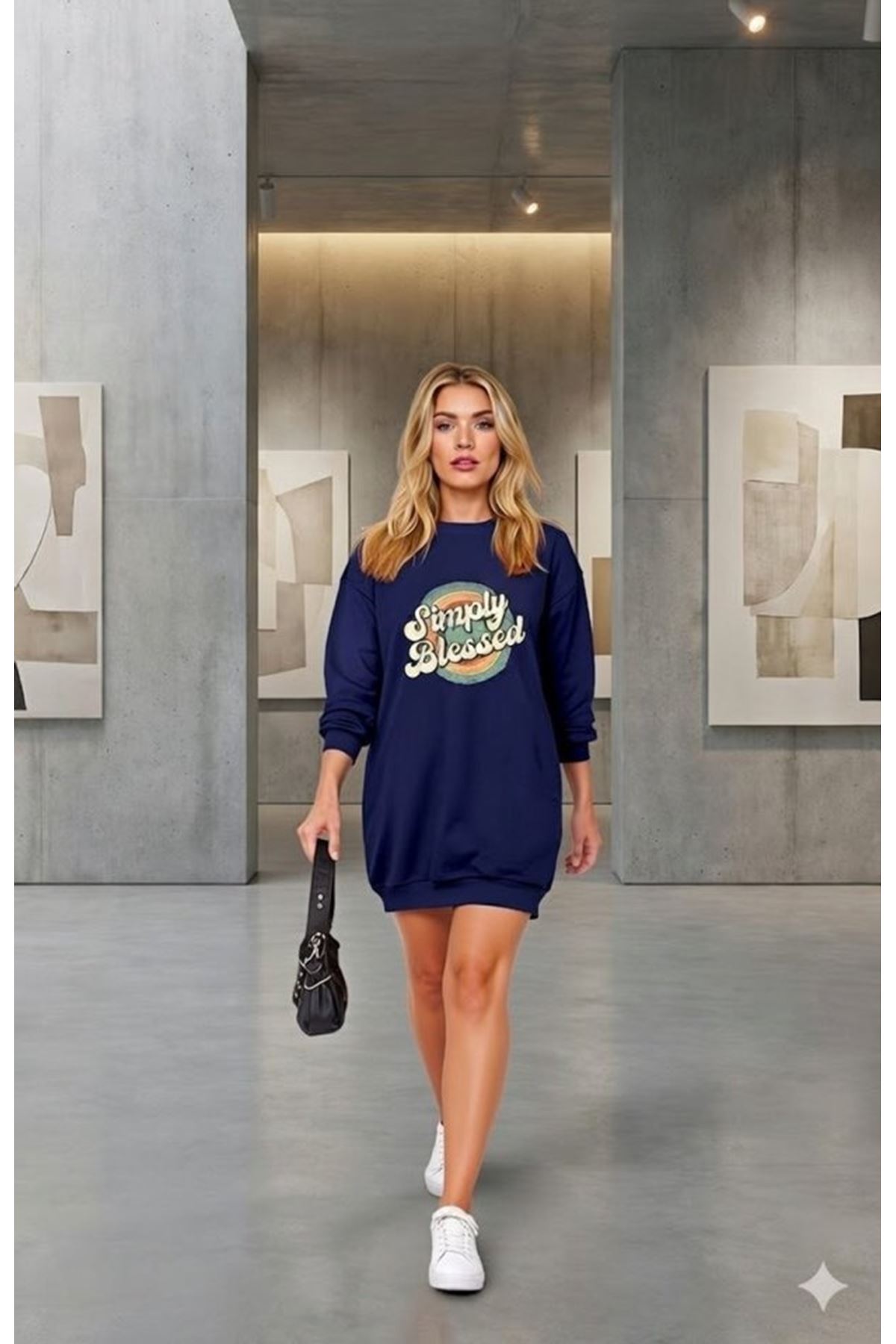 Kadın Uzun Kollu Bisiklet Yaka Yazılı Viskon Iki Iplik Elbise