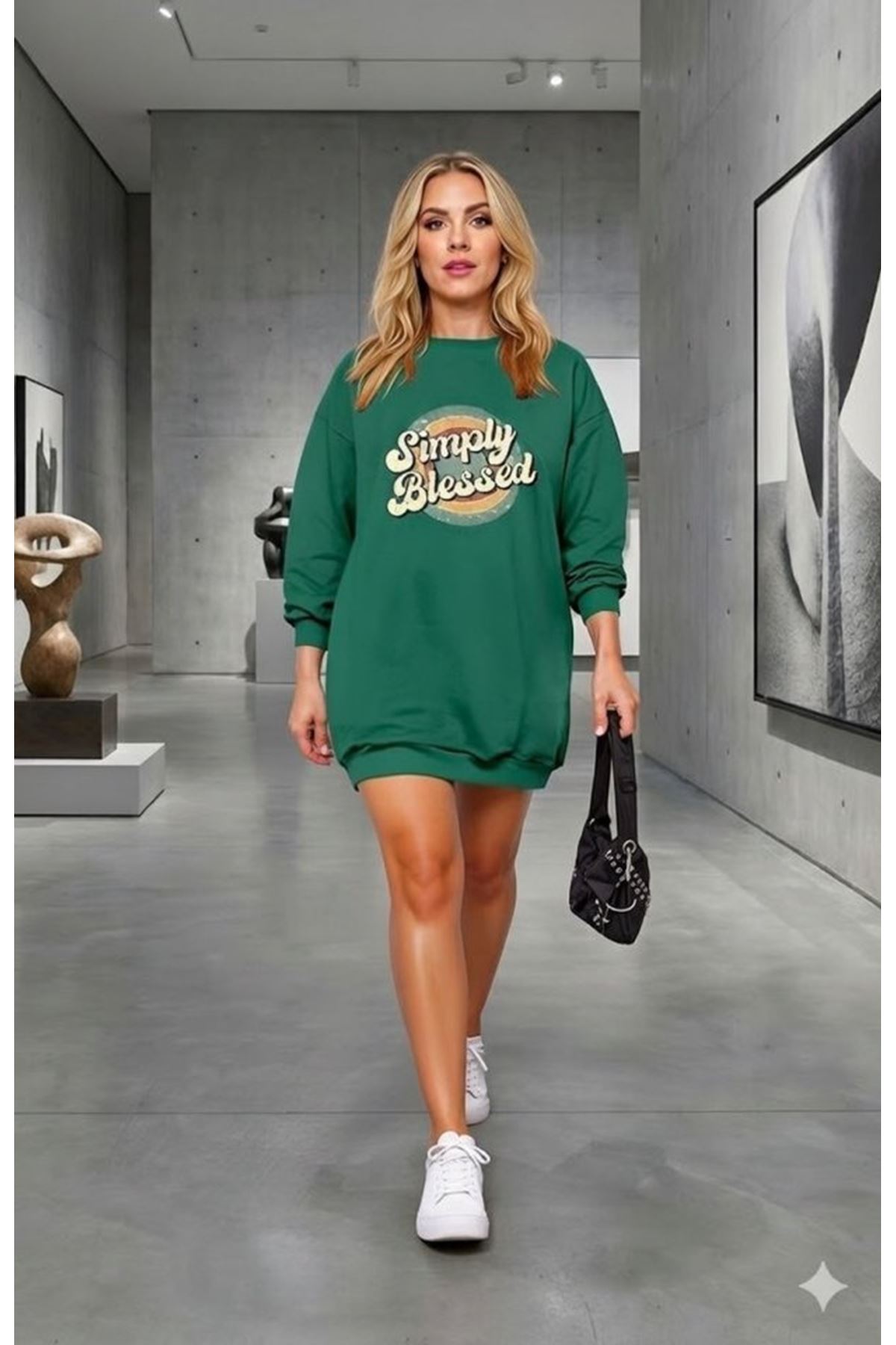 Kadın Uzun Kollu Bisiklet Yaka Yazılı Viskon Iki Iplik Elbise