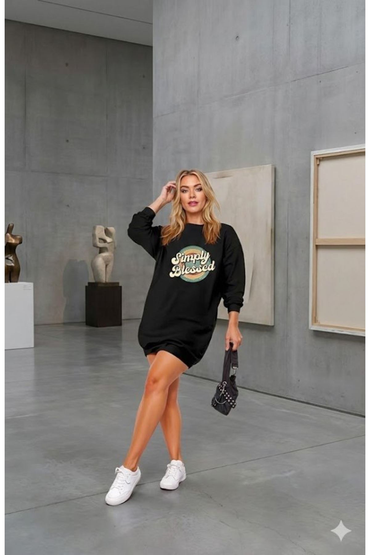 Kadın Uzun Kollu Bisiklet Yaka Yazılı Viskon Iki Iplik Elbise