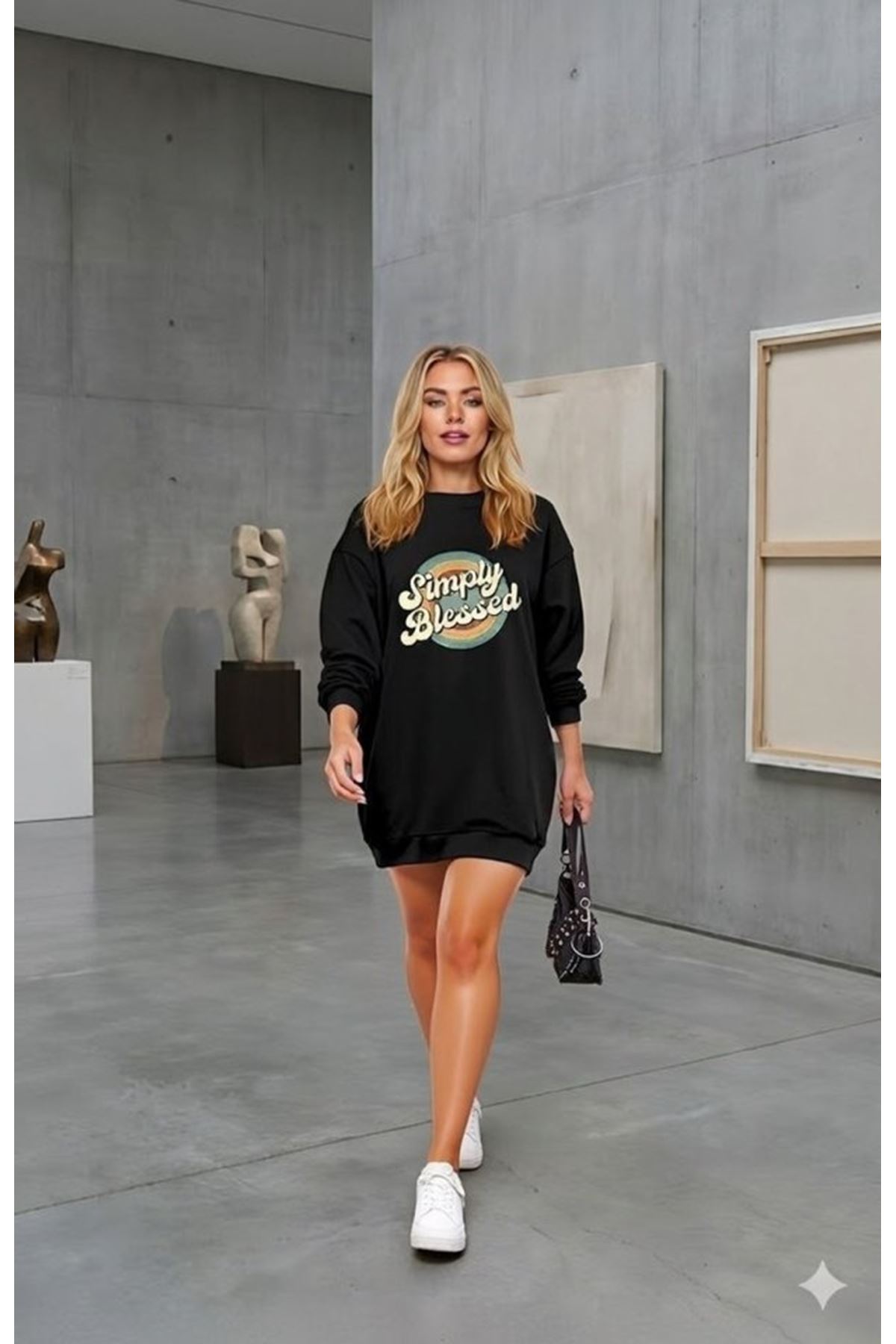 Kadın Uzun Kollu Bisiklet Yaka Yazılı Viskon Iki Iplik Elbise