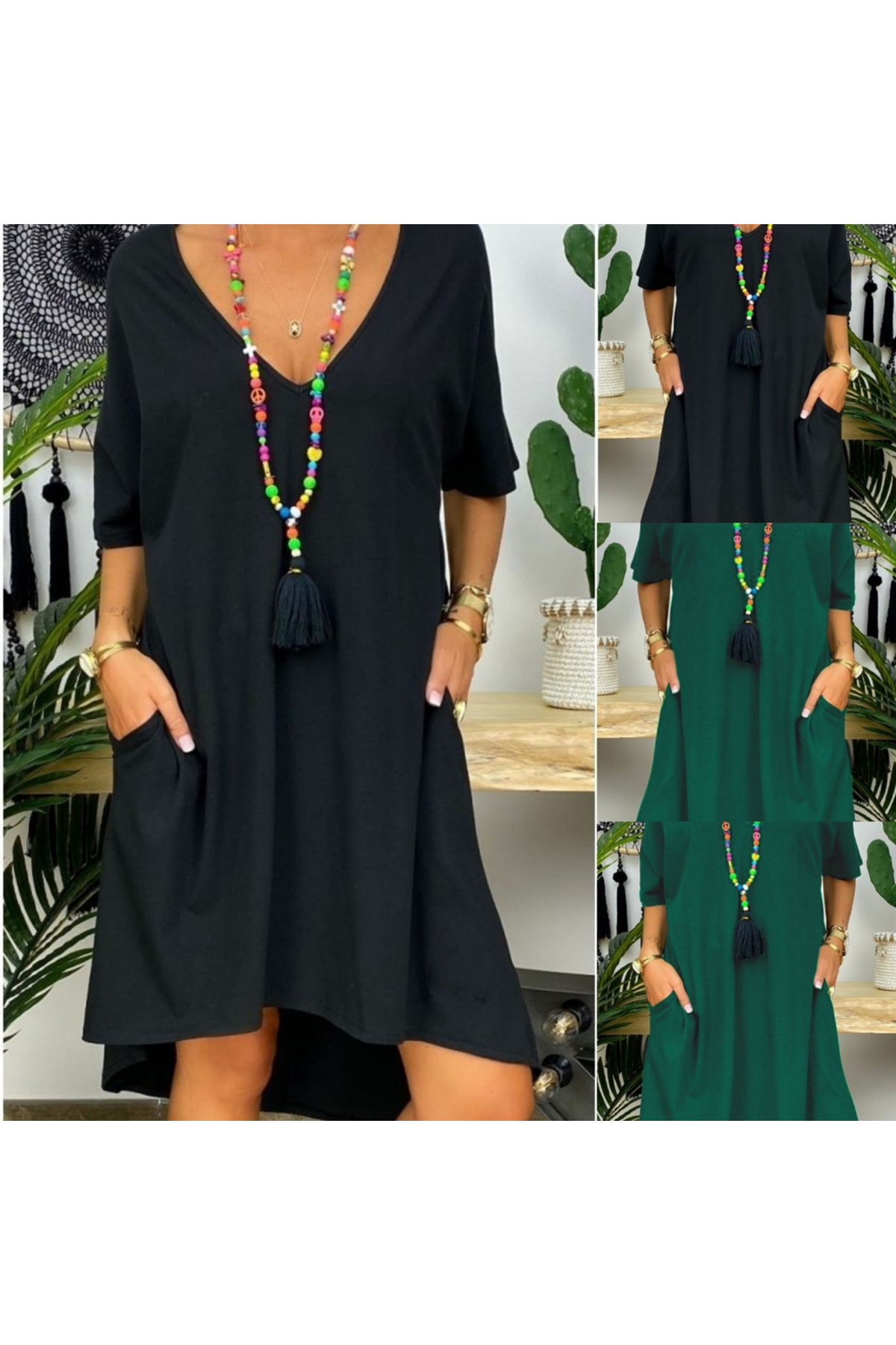 Kadın Kısa Kollu V Yaka Cepli Bürümcük Salaş Elbise