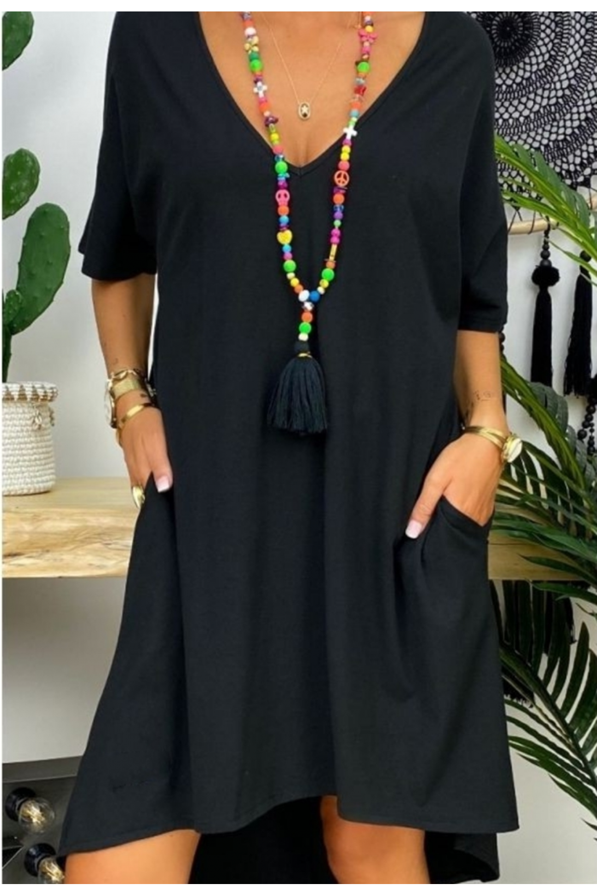 Kadın Kısa Kollu V Yaka Cepli Bürümcük Salaş Elbise