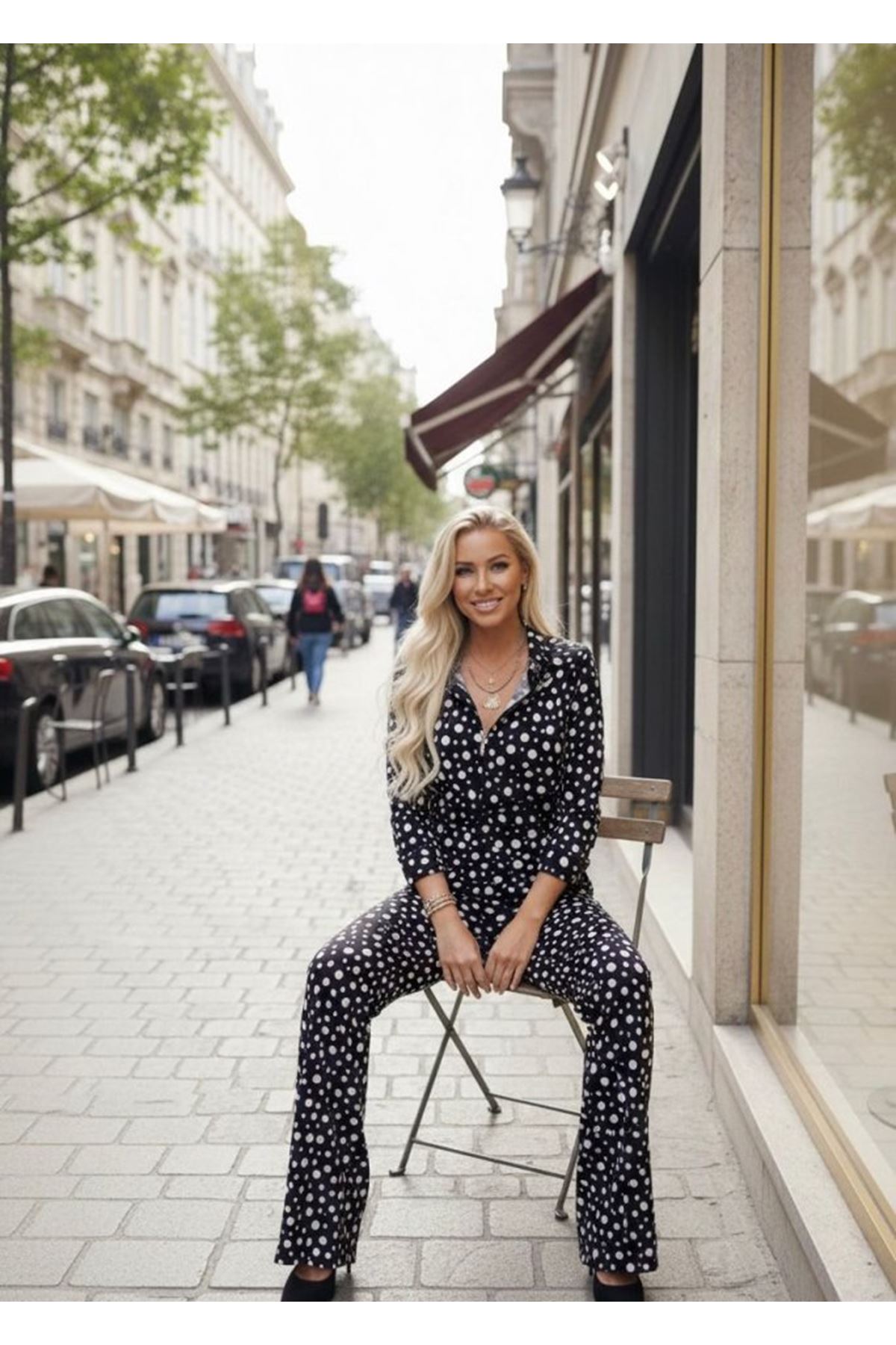 Kadın Puantiye Detay Kadife Kumaş Hırka Pantolon Ikili Takım