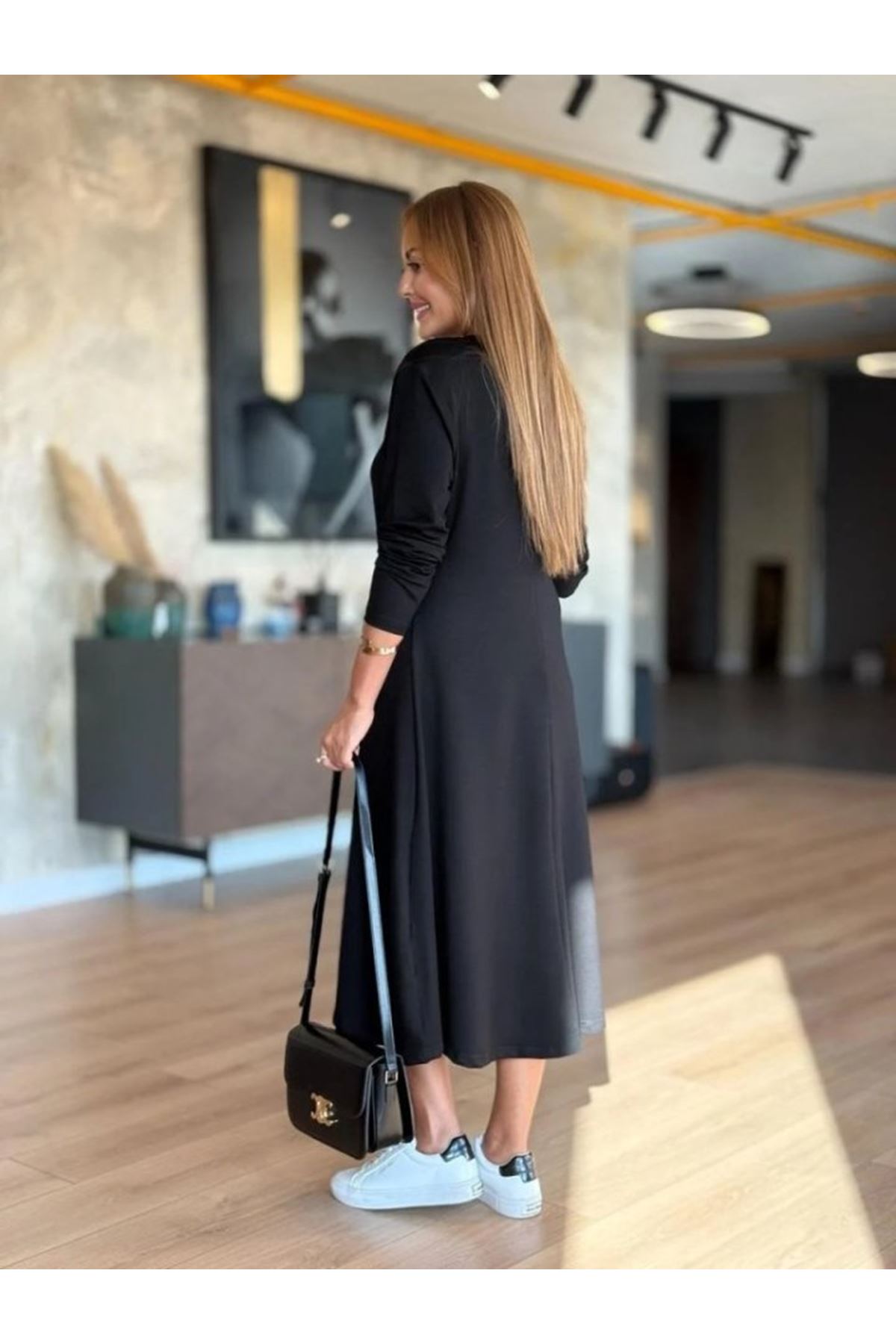 Kadın Uzun Kollu V Yakalı Midi çağla Yeşili Modal Elbise