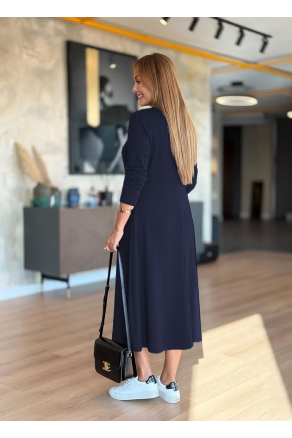 Kadın Uzun Kollu V Yakalı Midi çağla Yeşili Modal Elbise