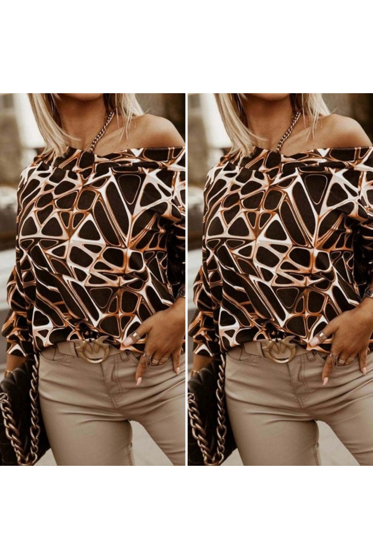 Kadın Uzun Kollu V Yaka Düşük Omuz Geometrik Desen şardonlu Dalgıç Bluz