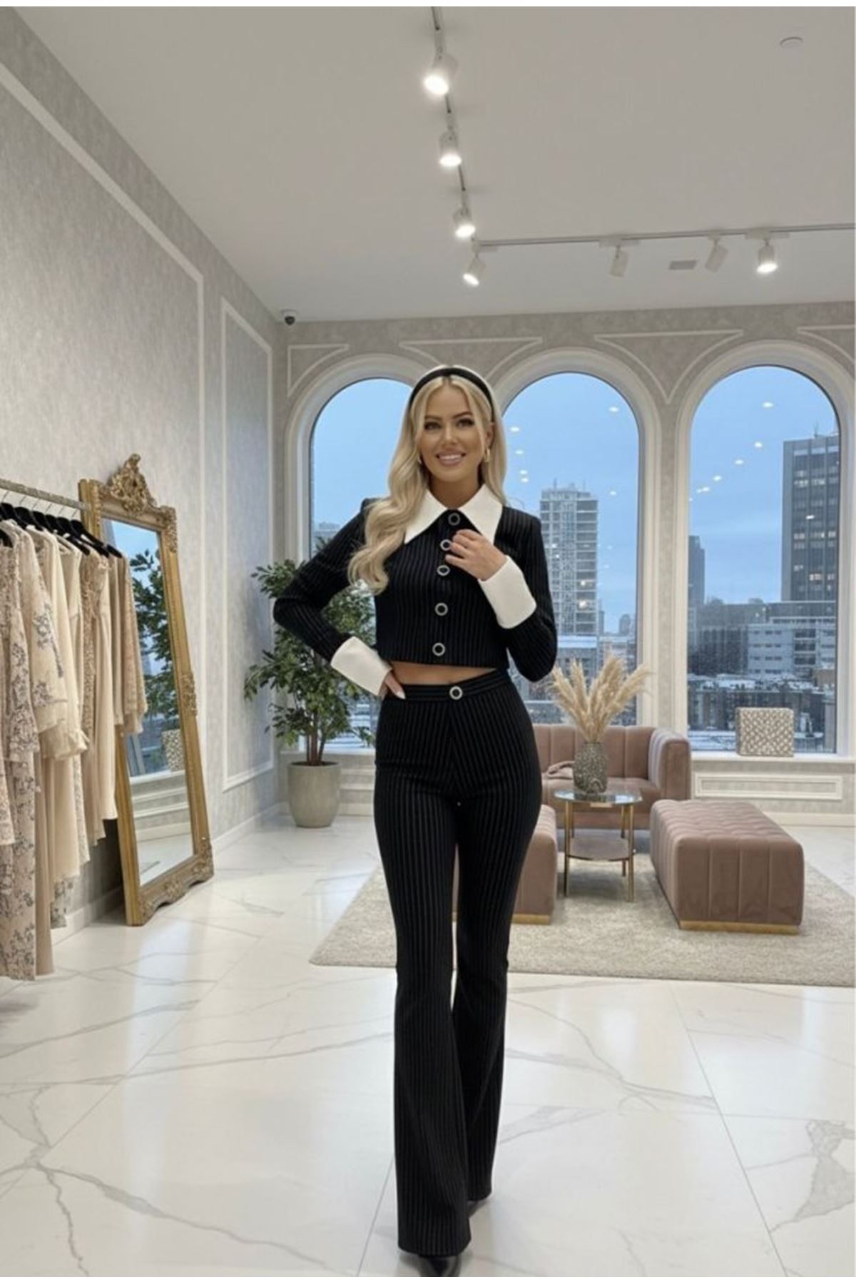 Kadın Gömlek Detay çixgili Ceket Ve Bol Paça Pantolon Ikili Takım