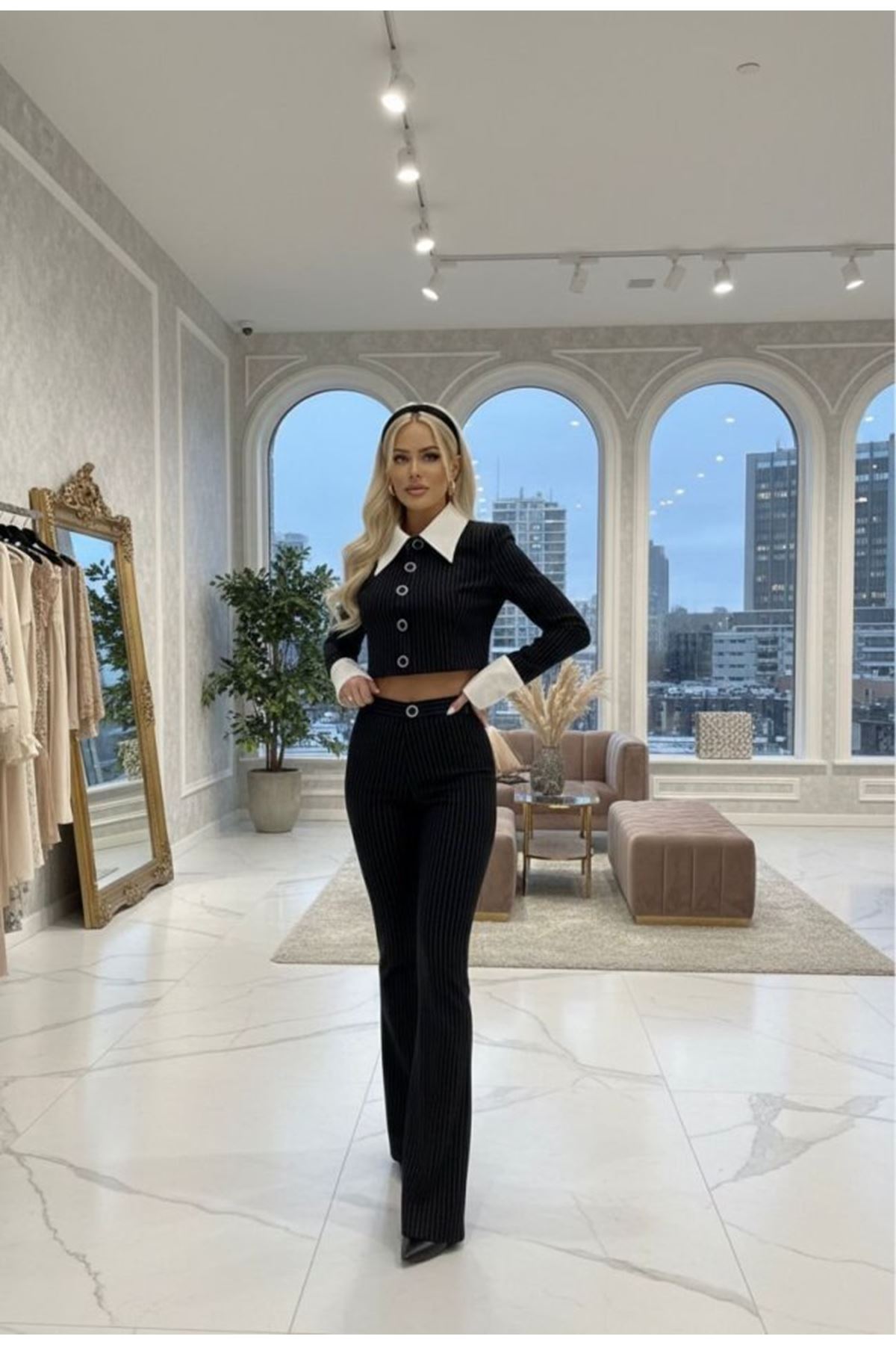 Kadın Gömlek Detay çixgili Ceket Ve Bol Paça Pantolon Ikili Takım