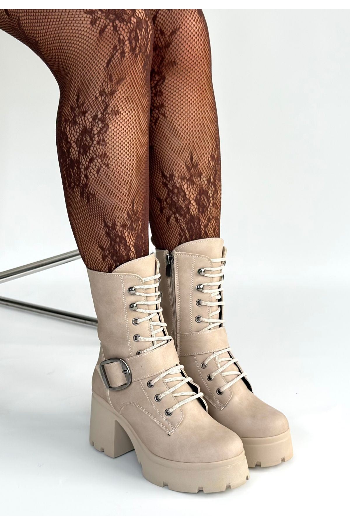 Linma Bej Nubuk Bağcıklı Topuklu Bot