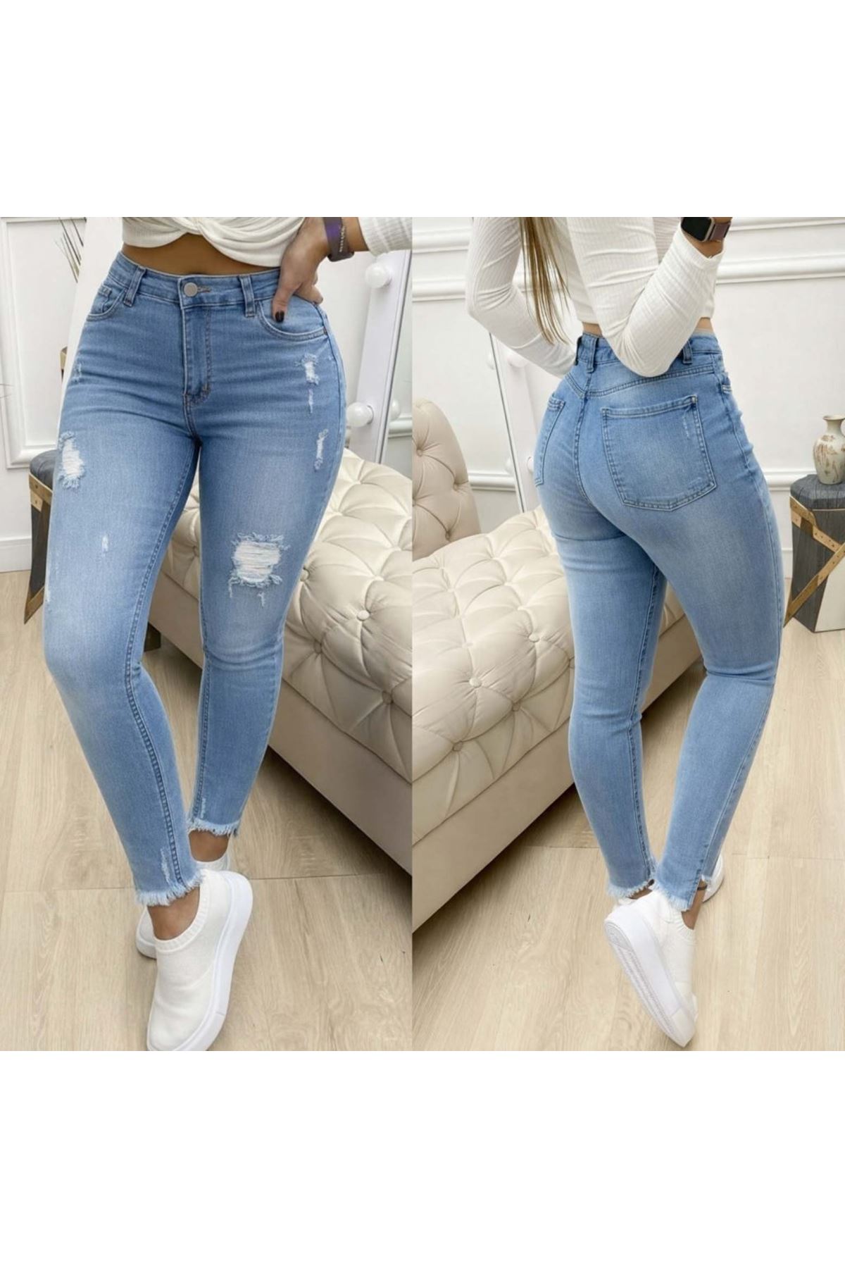 Kadın Yüksek Bel Yırtık Desenli Skınny Kot Pantolon