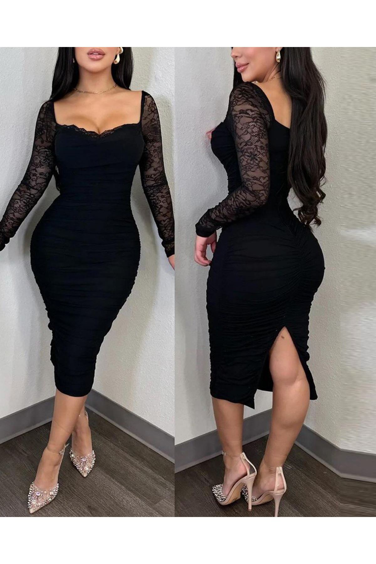 Kadın Uzun Kollu Dantelli Büzgü Detaylı Yırtmaçlı Midi Sandy Elbise