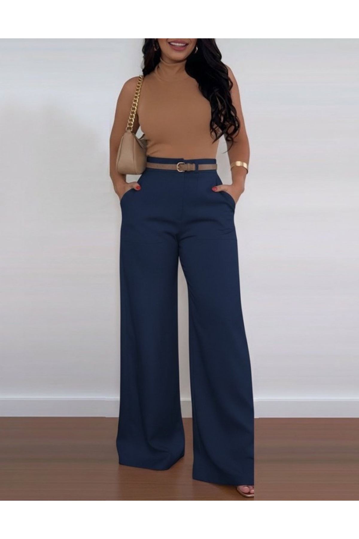 Kadın Yüksek Bel Geniş Paça Detaylı Cepli Ithal Krep Pantolon