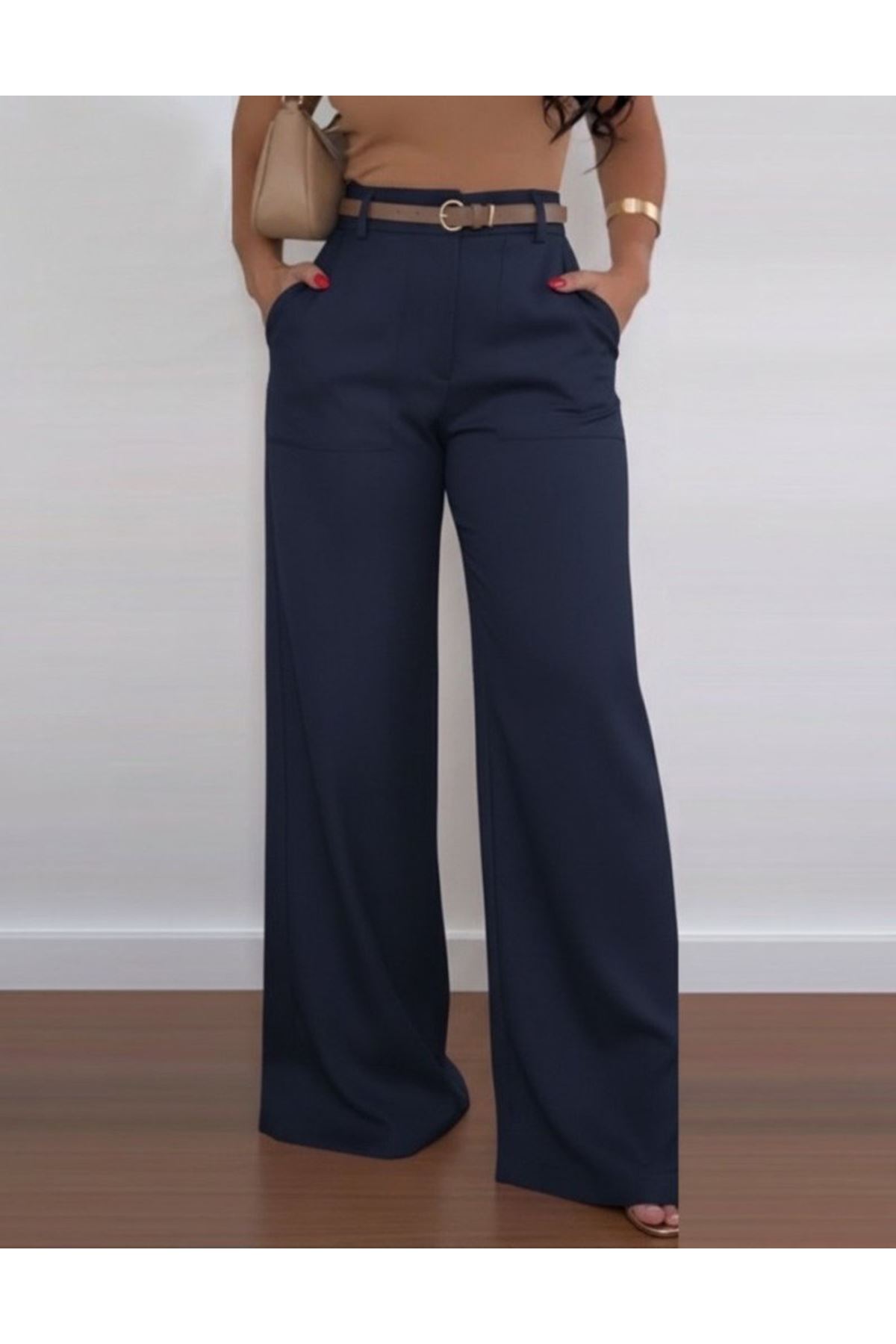 Kadın Yüksek Bel Geniş Paça Detaylı Cepli Ithal Krep Pantolon
