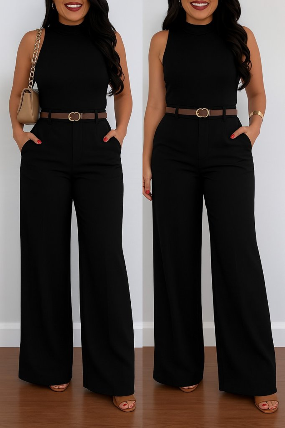 Kadın Yüksek Bel Geniş Paça Detaylı Cepli Ithal Krep Pantolon