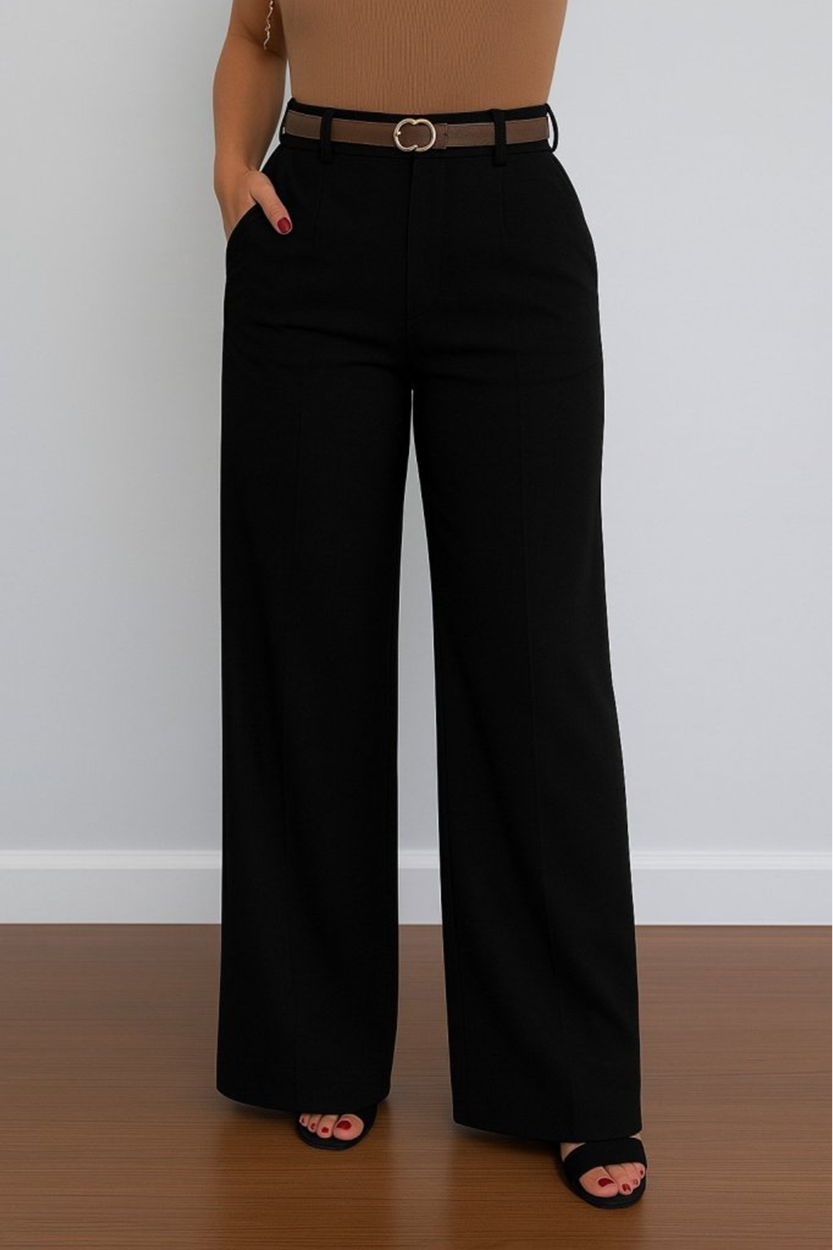 Kadın Yüksek Bel Geniş Paça Detaylı Cepli Ithal Krep Pantolon