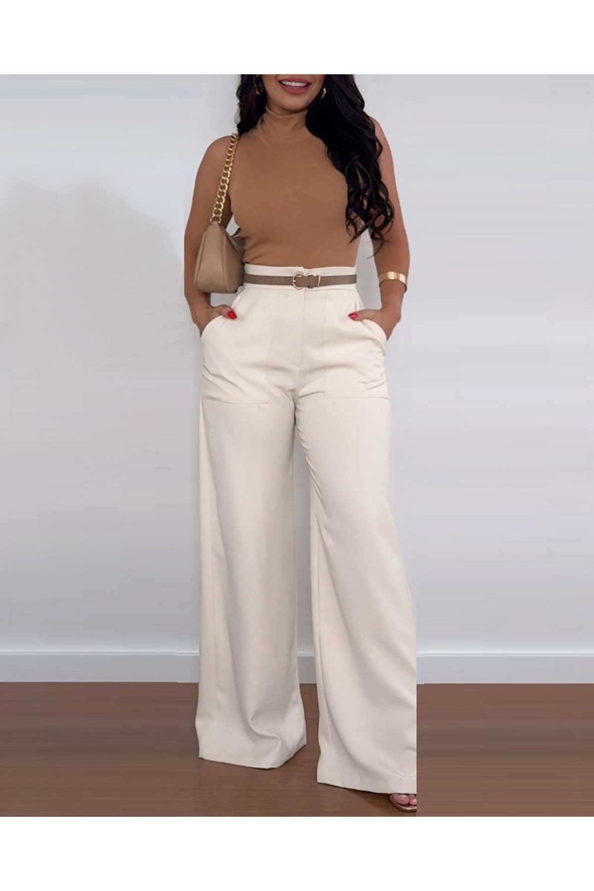 Kadın Yüksek Bel Geniş Paça Detaylı Cepli Ithal Krep Pantolon