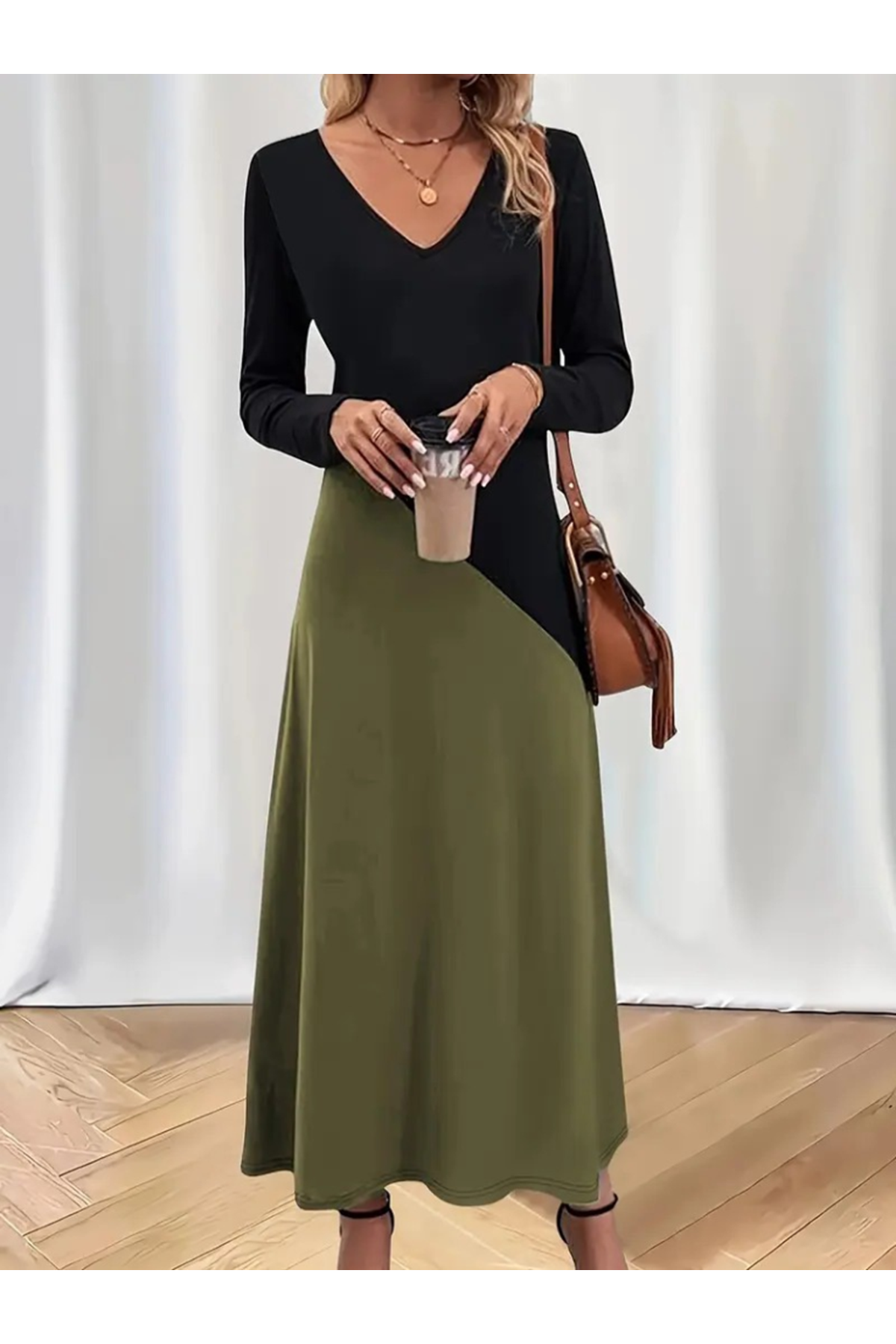 Kadın Uzun Kollu V Yakalı Blok Desenli Viskon Elbise