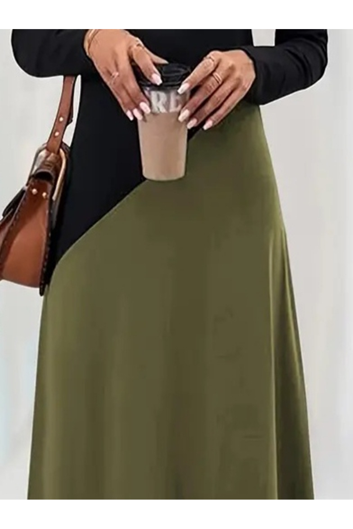 Kadın Uzun Kollu V Yakalı Blok Desenli Viskon Elbise