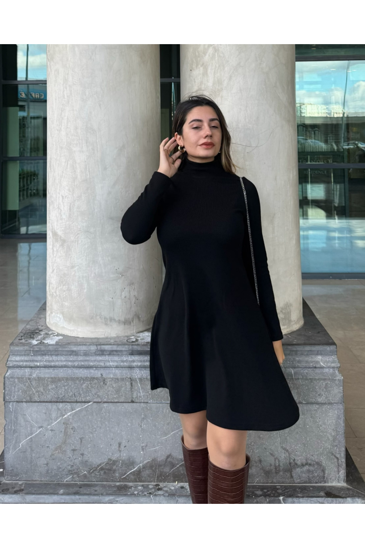 Kadın Uzun Kollu Balıkçı Yaka Salaş Kusa Akrilik Elbise