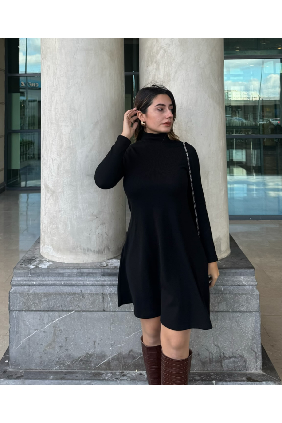 Kadın Uzun Kollu Balıkçı Yaka Salaş Kusa Akrilik Elbise