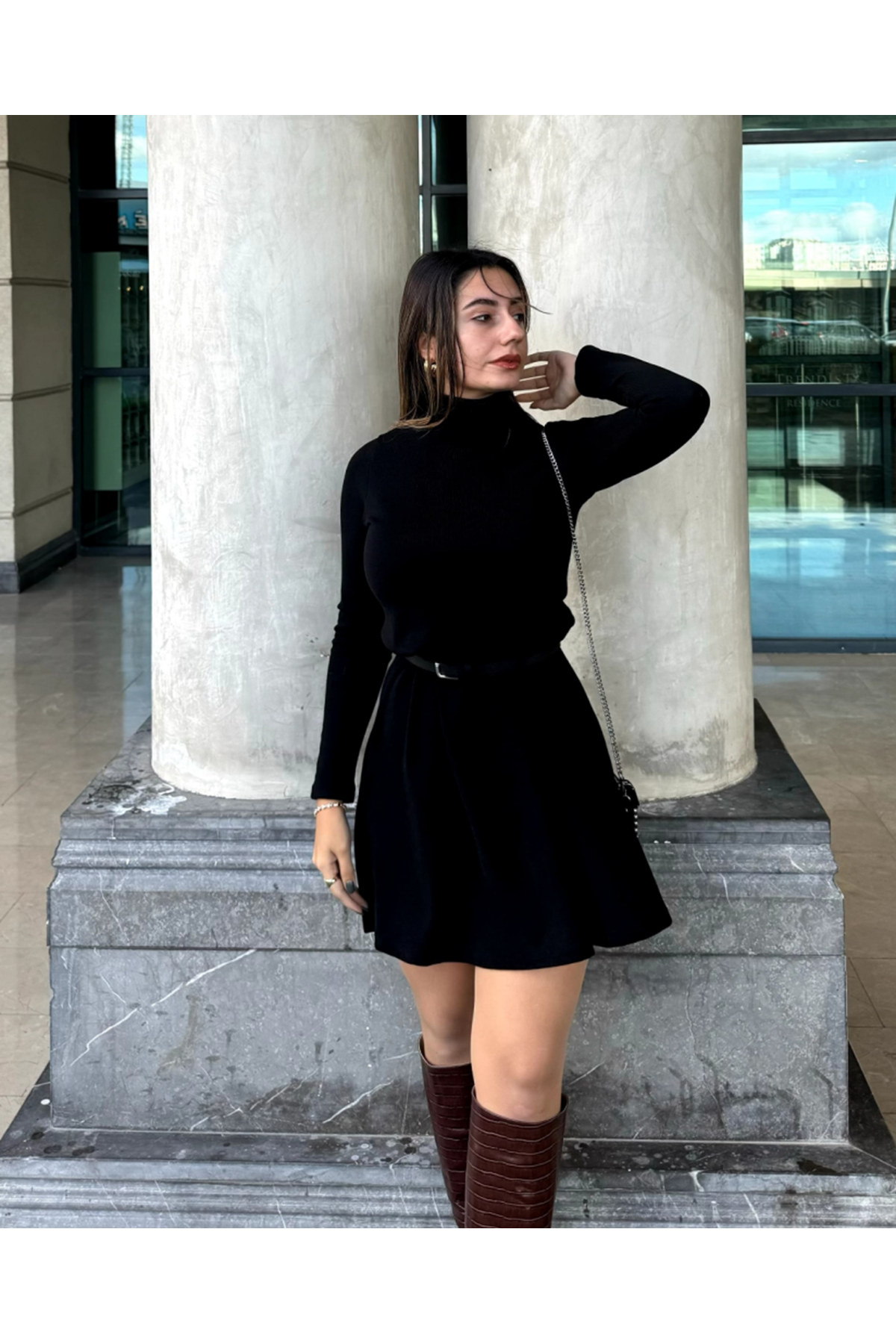 Kadın Uzun Kollu Balıkçı Yaka Salaş Kusa Akrilik Elbise