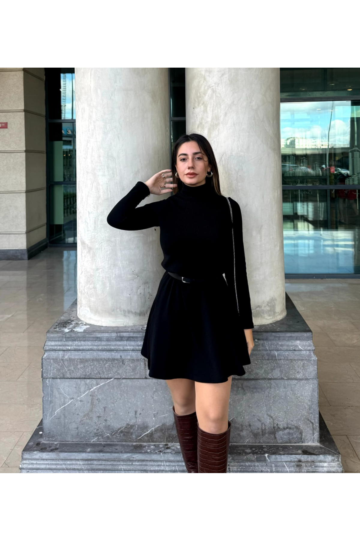 Kadın Uzun Kollu Balıkçı Yaka Salaş Kusa Akrilik Elbise