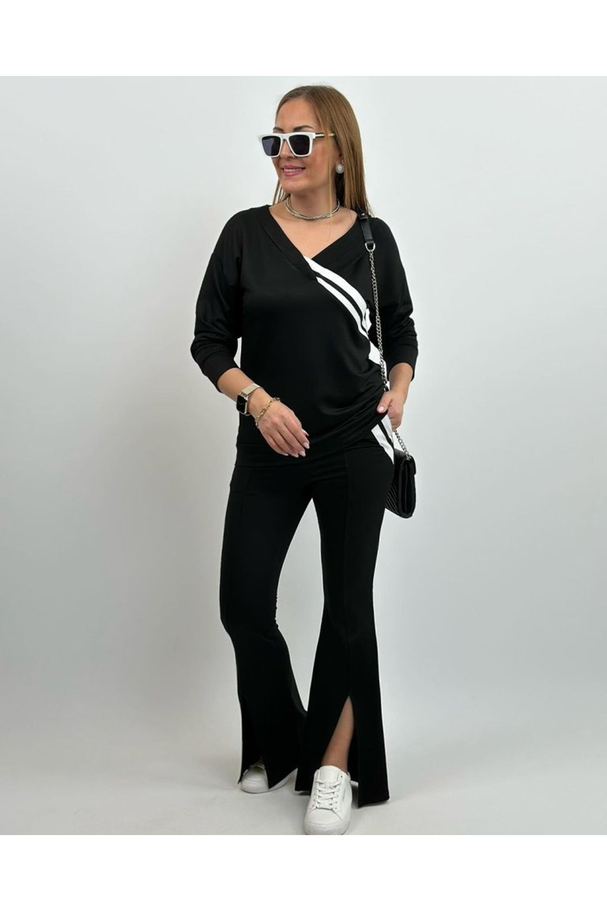 Kadın Uzun Kollu V Yakalı şerit Detaylı Viskon Iki Iplik Bluz Ve Pantolon Ikili Takım