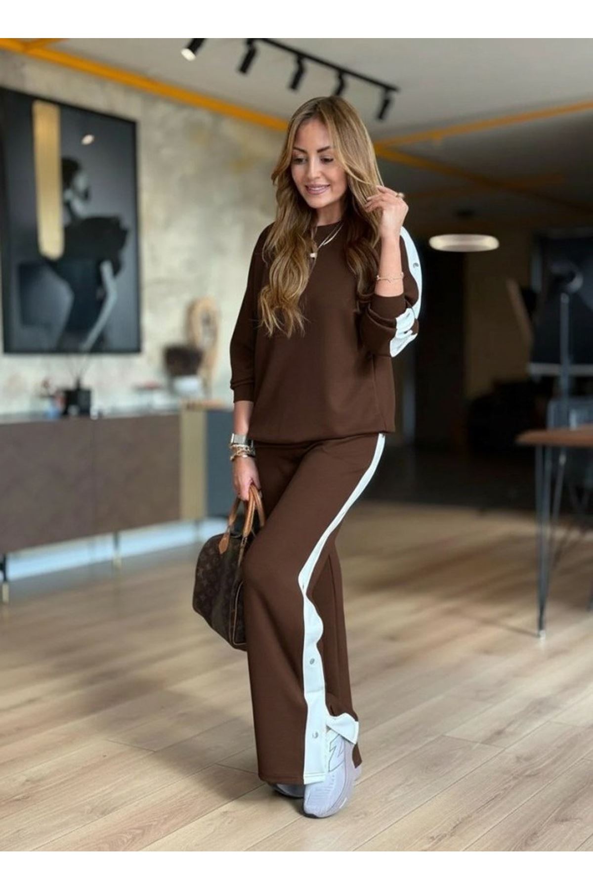 Kadın Uzun Kollu Bisiklet Yakalı Düğmeli Viskon Iki Iplik Bluz Ve Pantolon Ikili Takım