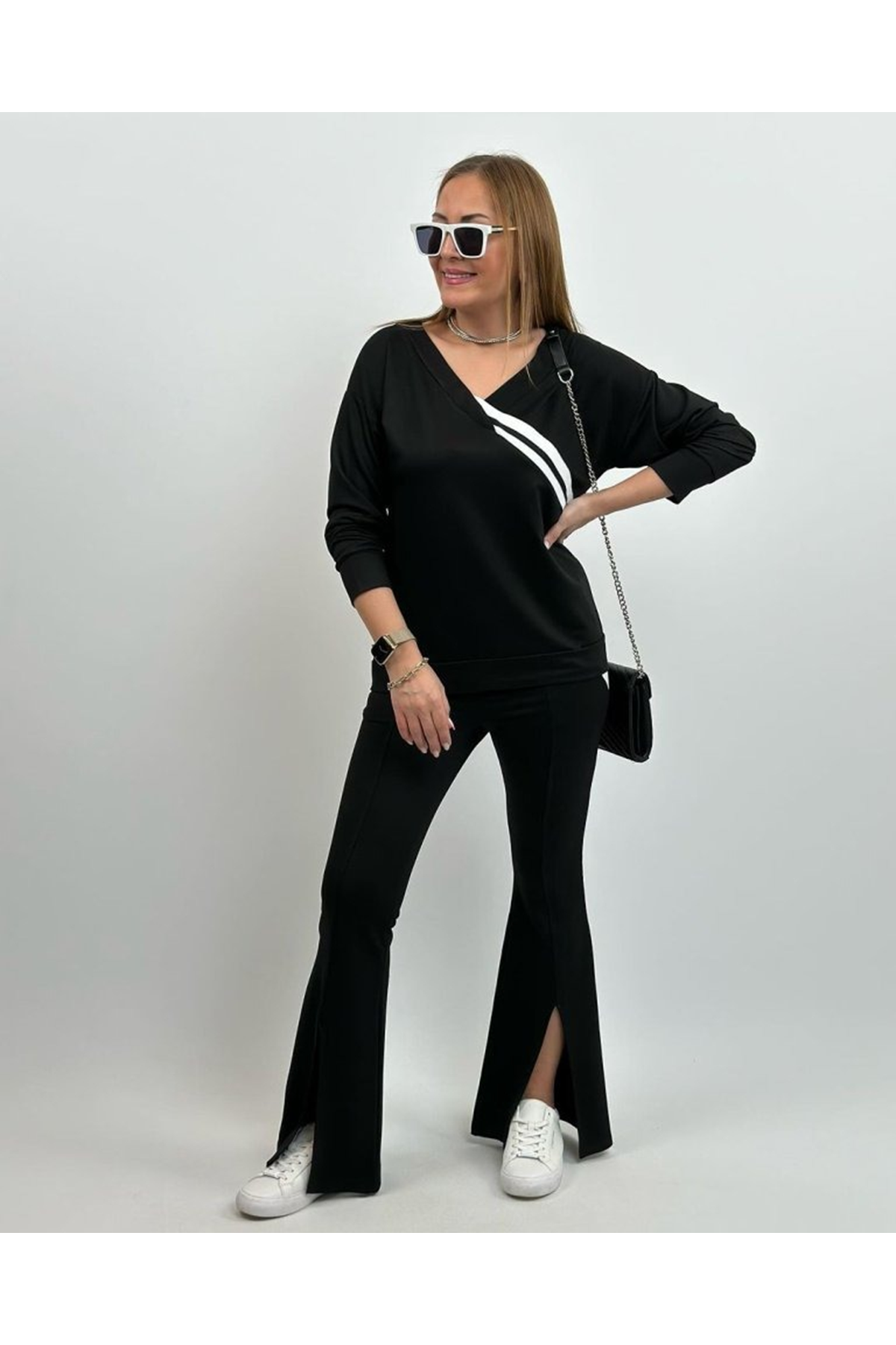 Kadın Uzun Kollu V Yakalı şerit Detaylı Viskon Iki Iplik Bluz Ve Pantolon Ikili Takım