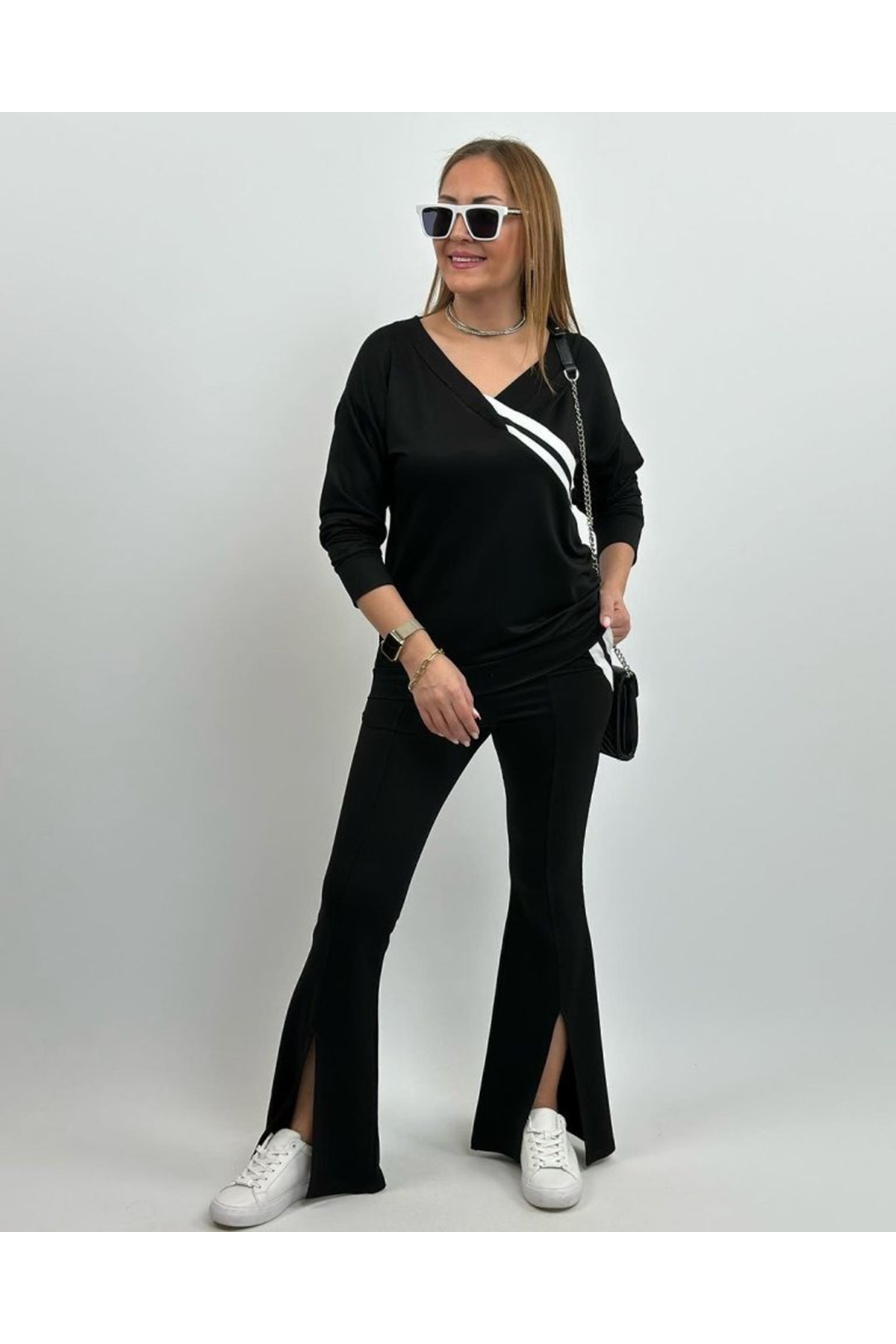 Kadın Uzun Kollu V Yakalı şerit Detaylı Viskon Iki Iplik Bluz Ve Pantolon Ikili Takım