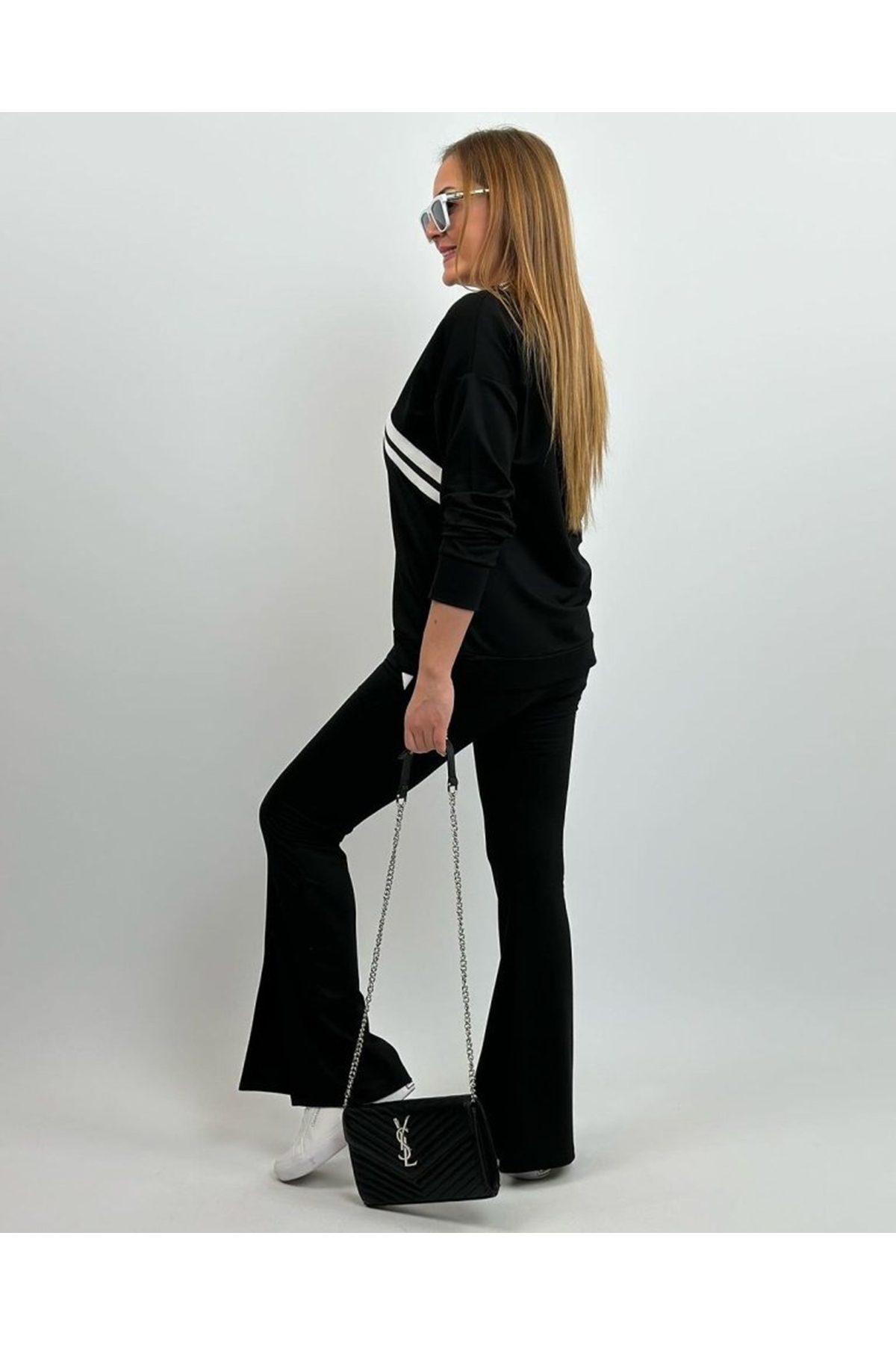 Kadın Uzun Kollu V Yakalı şerit Detaylı Viskon Iki Iplik Bluz Ve Pantolon Ikili Takım