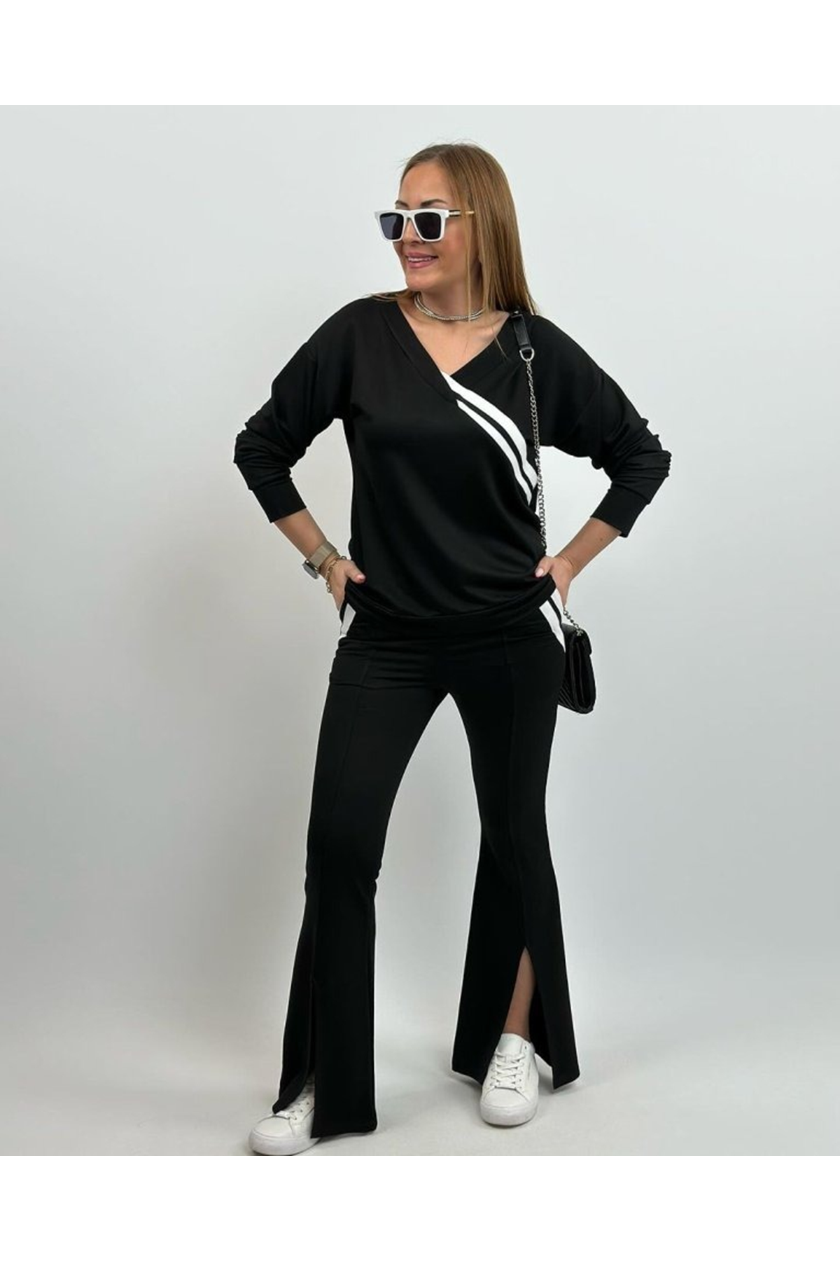 Kadın Uzun Kollu V Yakalı şerit Detaylı Viskon Iki Iplik Bluz Ve Pantolon Ikili Takım