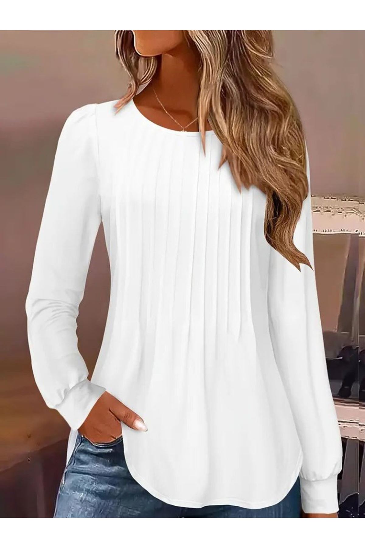 Kadın Uzun Kollu Yuvarlak Yaka Nervürlü Bluz