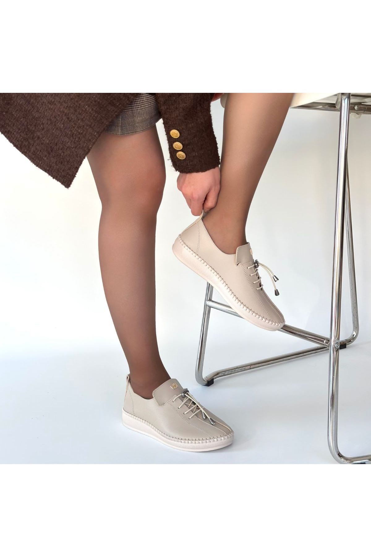 Warte Bej Cilt Bağcıklı Spor Ayakkabı