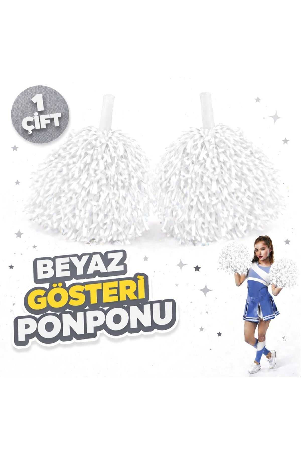 2 Adet Beyaz Okul Gösteri Ponponları Ekstra Dolgun