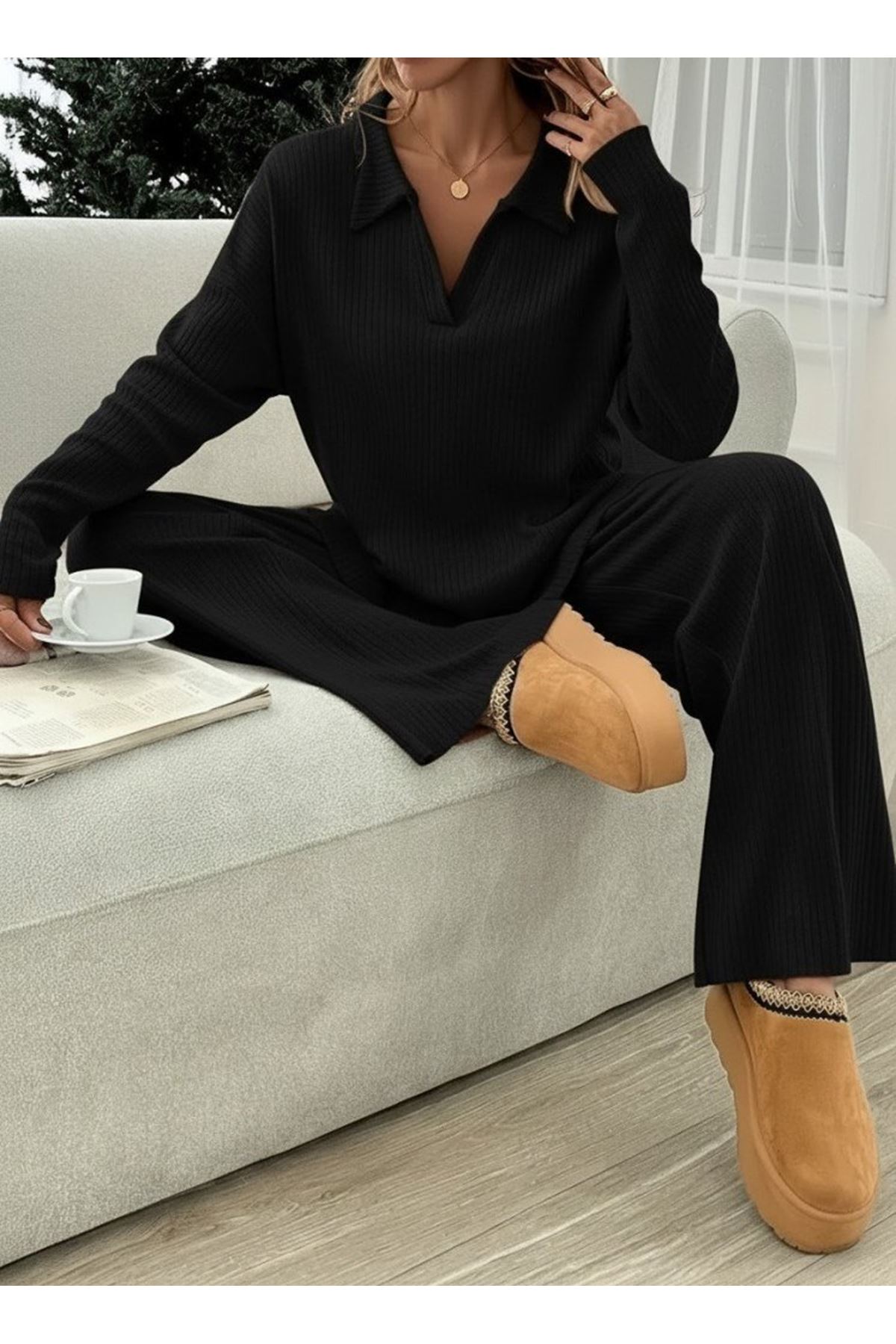 Kadın Uzun Kollu V Yakalı şardonlu Kaşkorse Bluz Ve Pantolon Ikili Takım