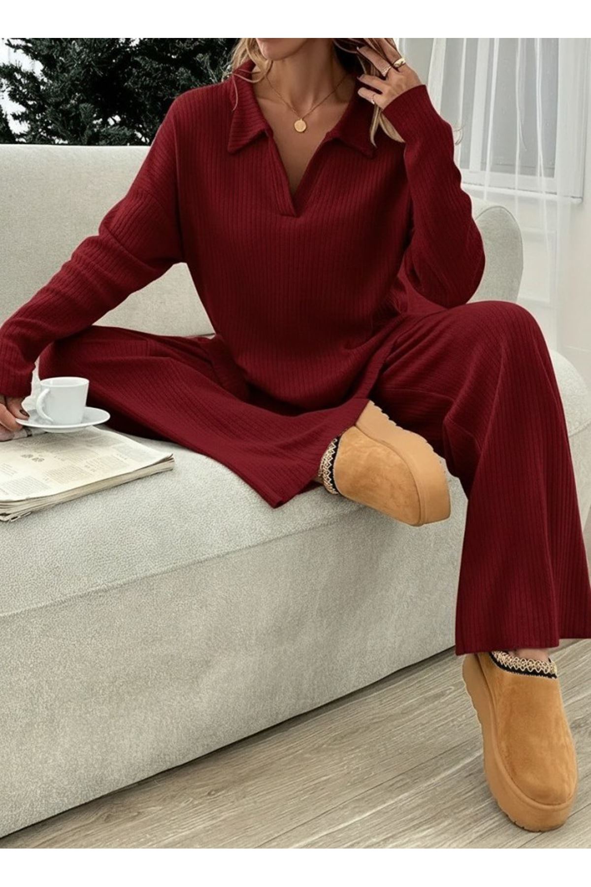 Kadın Uzun Kollu V Yakalı şardonlu Kaşkorse Bluz Ve Pantolon Ikili Takım