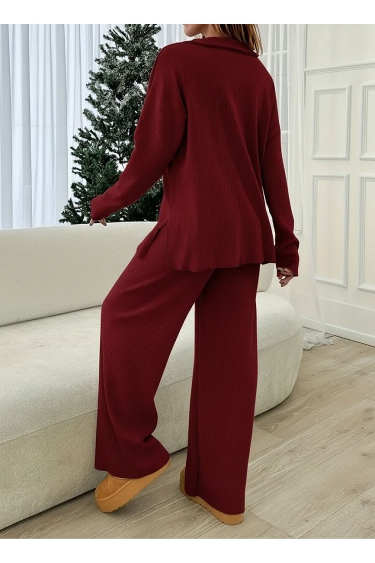 Kadın Uzun Kollu V Yakalı şardonlu Kaşkorse Bluz Ve Pantolon Ikili Takım