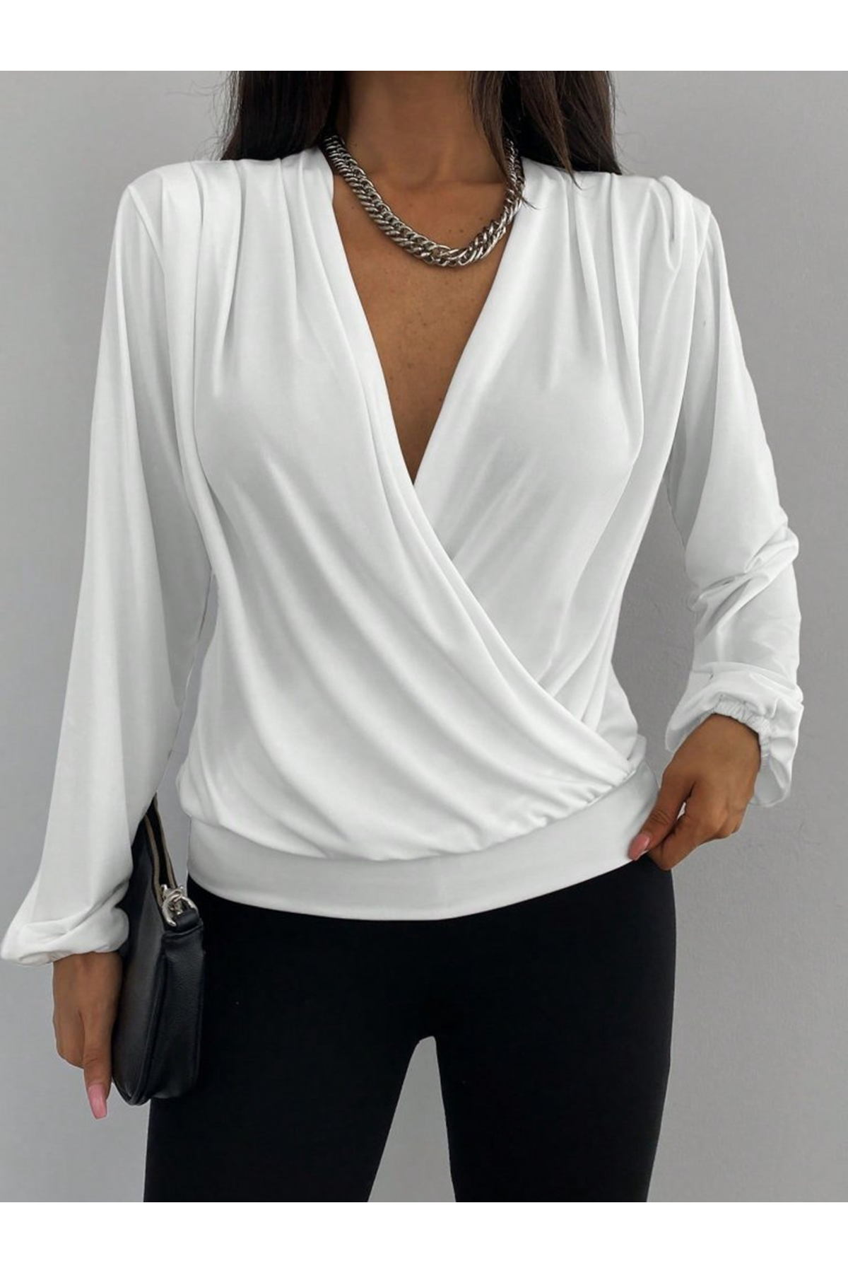 Kadın Beyaz Kruvaze Yaka Sandy Bluz