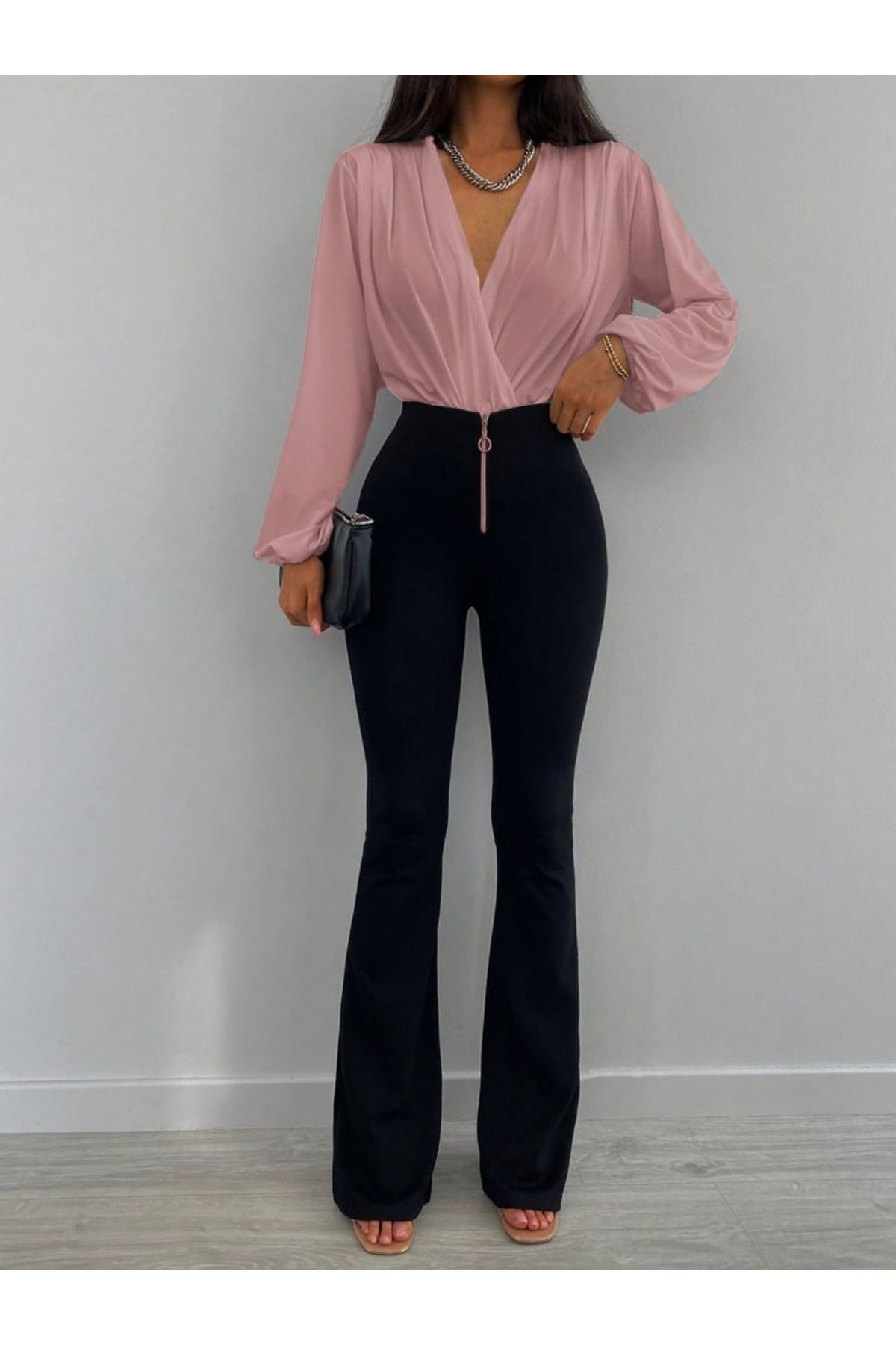 Kadın Uzun Kollu Kruvaze Yaka Sandy Bluz